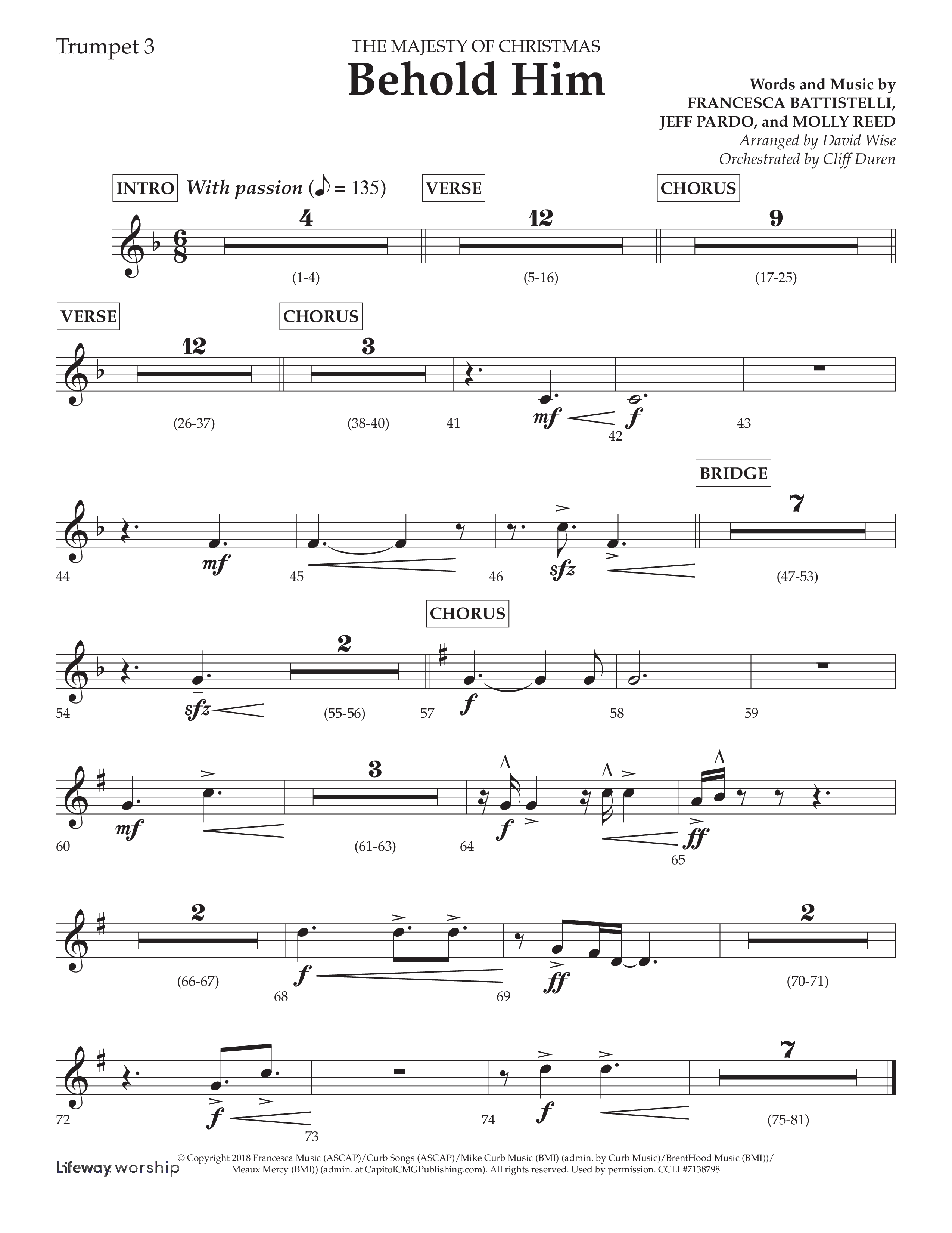 Behold Him (Choral Anthem SATB) Trumpet 3 (Lifeway Choral / Arr. David Wise / Orch. Cliff Duren)