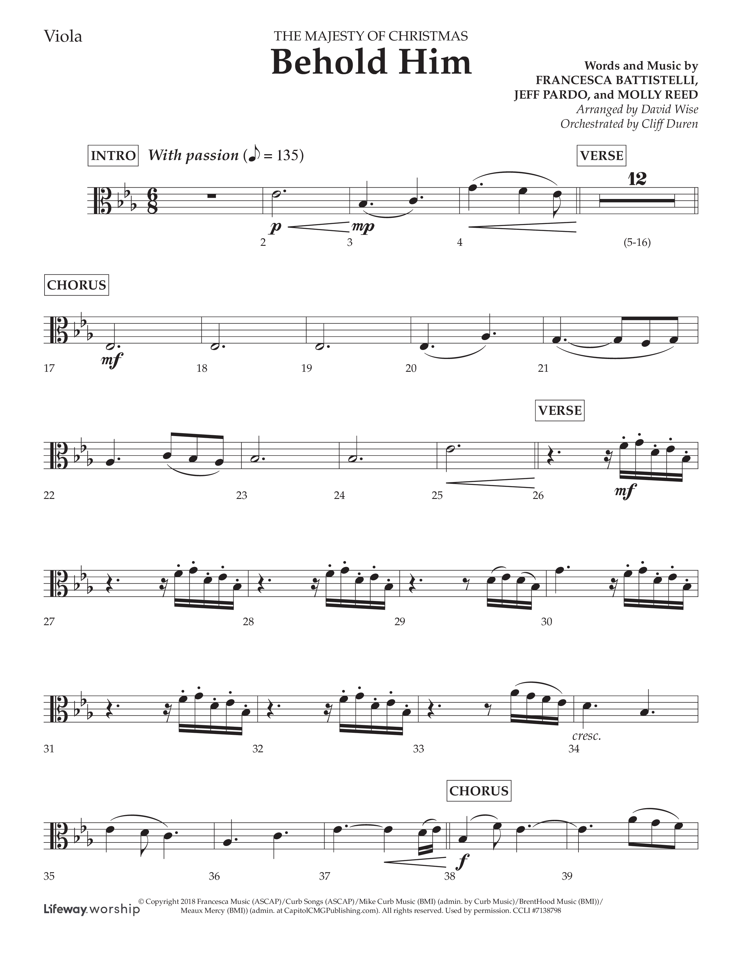 Behold Him (Choral Anthem SATB) Viola (Lifeway Choral / Arr. David Wise / Orch. Cliff Duren)