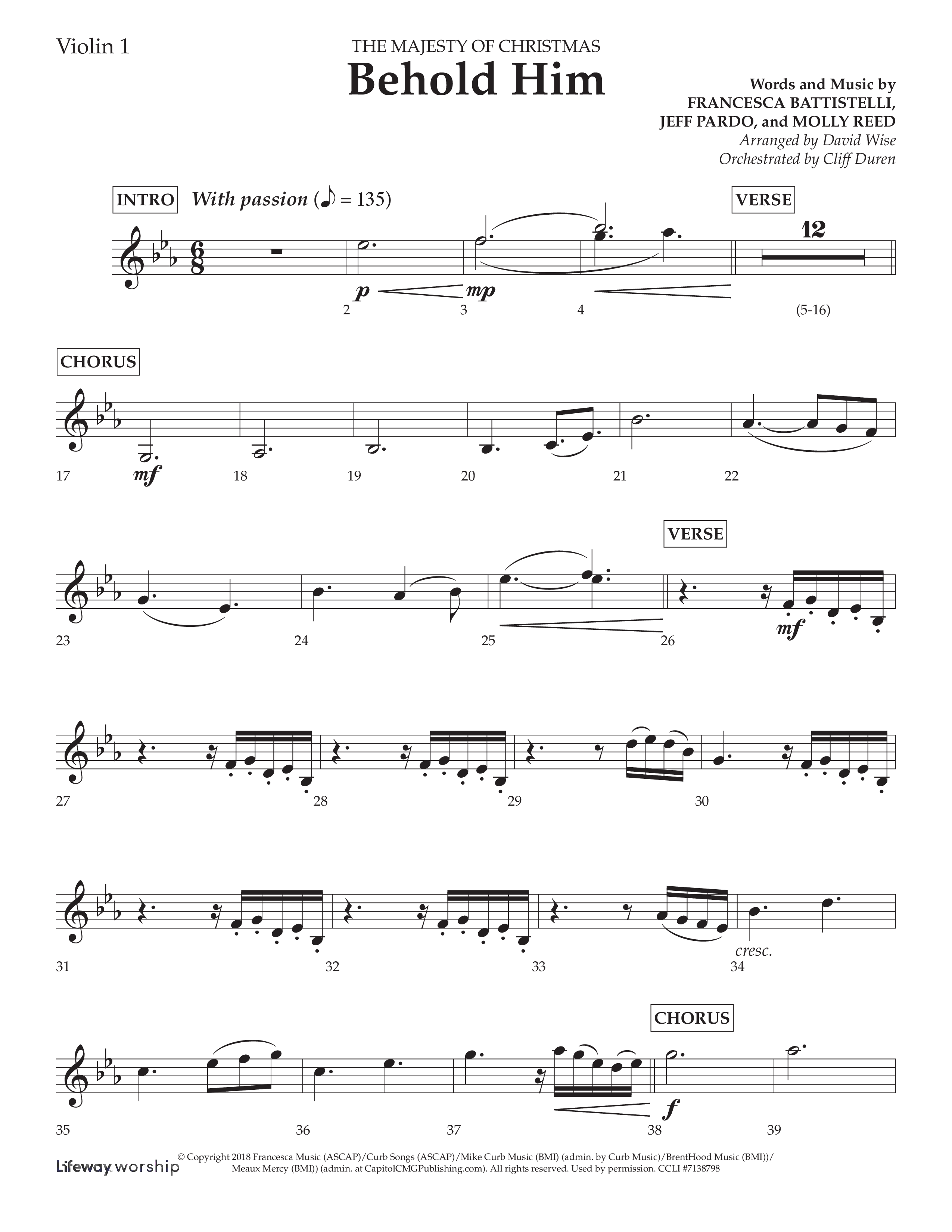 Behold Him (Choral Anthem SATB) Violin 1 (Lifeway Choral / Arr. David Wise / Orch. Cliff Duren)