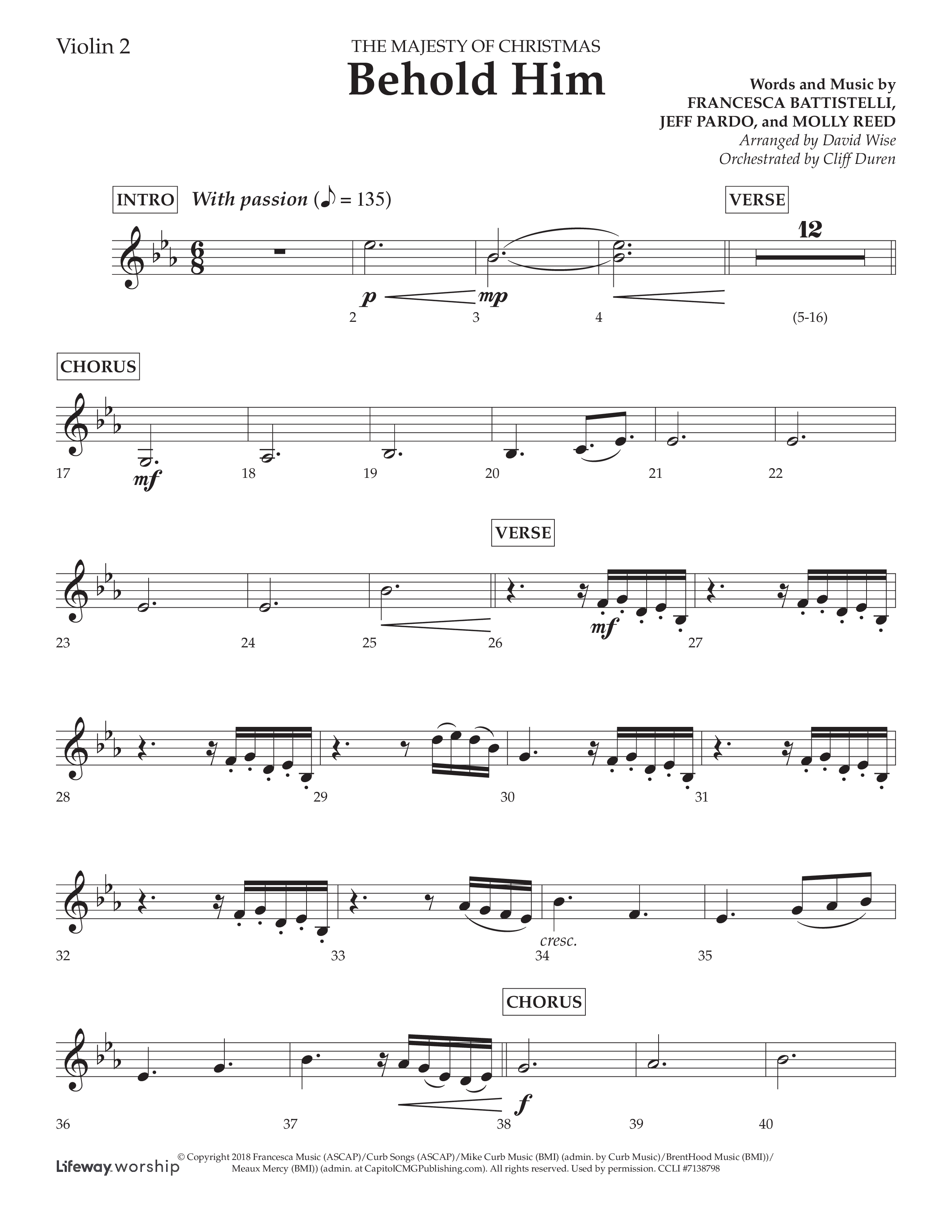 Behold Him (Choral Anthem SATB) Violin 2 (Lifeway Choral / Arr. David Wise / Orch. Cliff Duren)