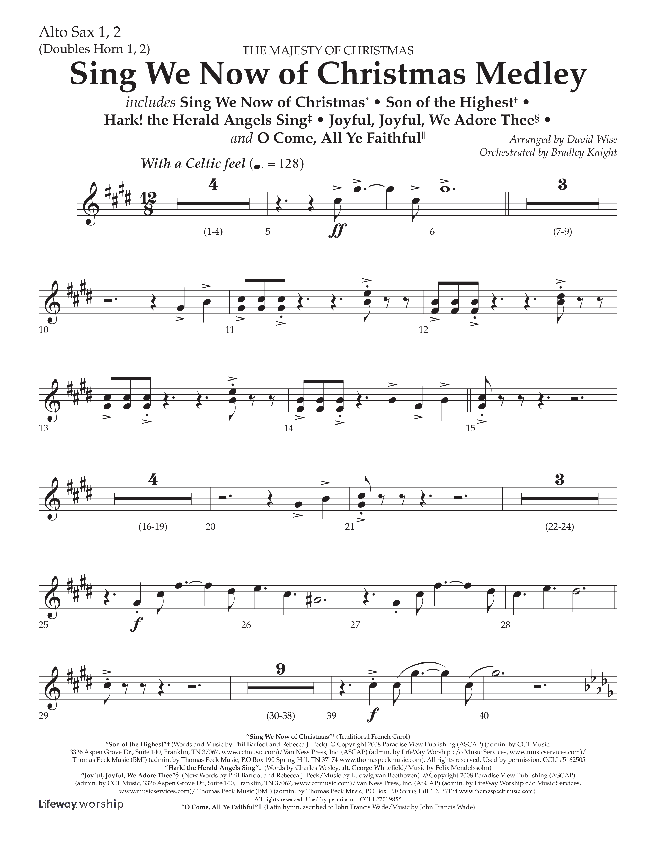 Sing We Now of Christmas Medley (Choral Anthem SATB) Alto Sax 1/2 (Lifeway Choral / Arr. David Wise / Orch. Bradley Knight)