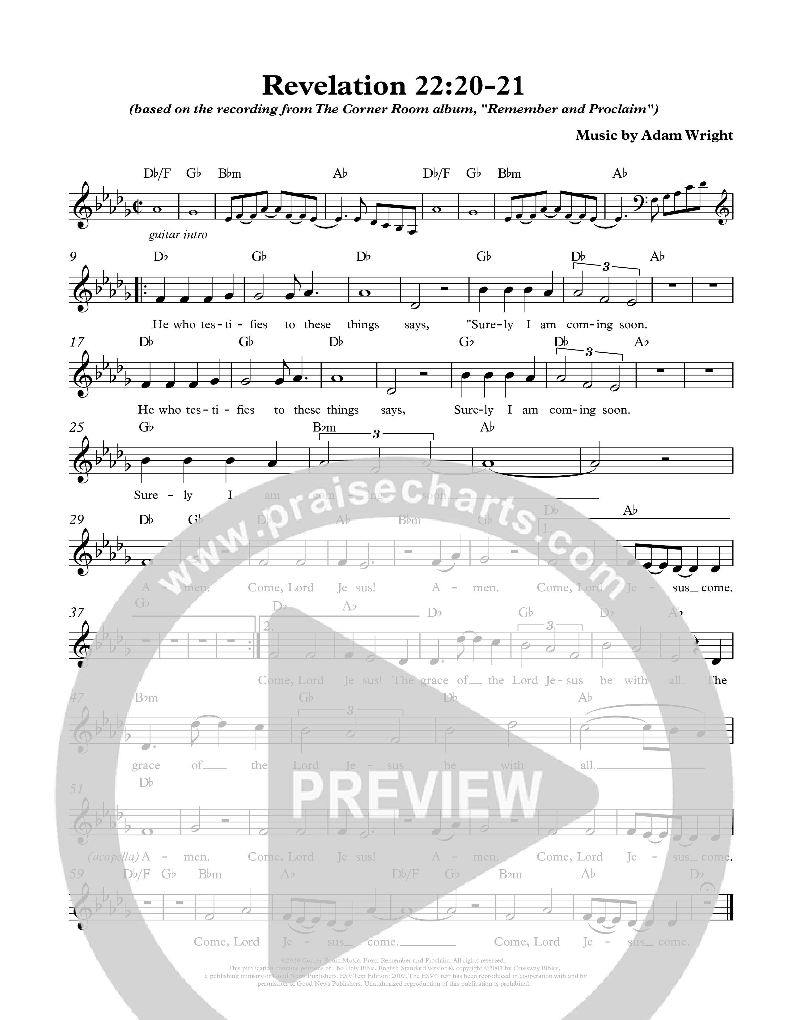 Revelation 22:20-21 Lead Sheet Melody (The Corner Room)