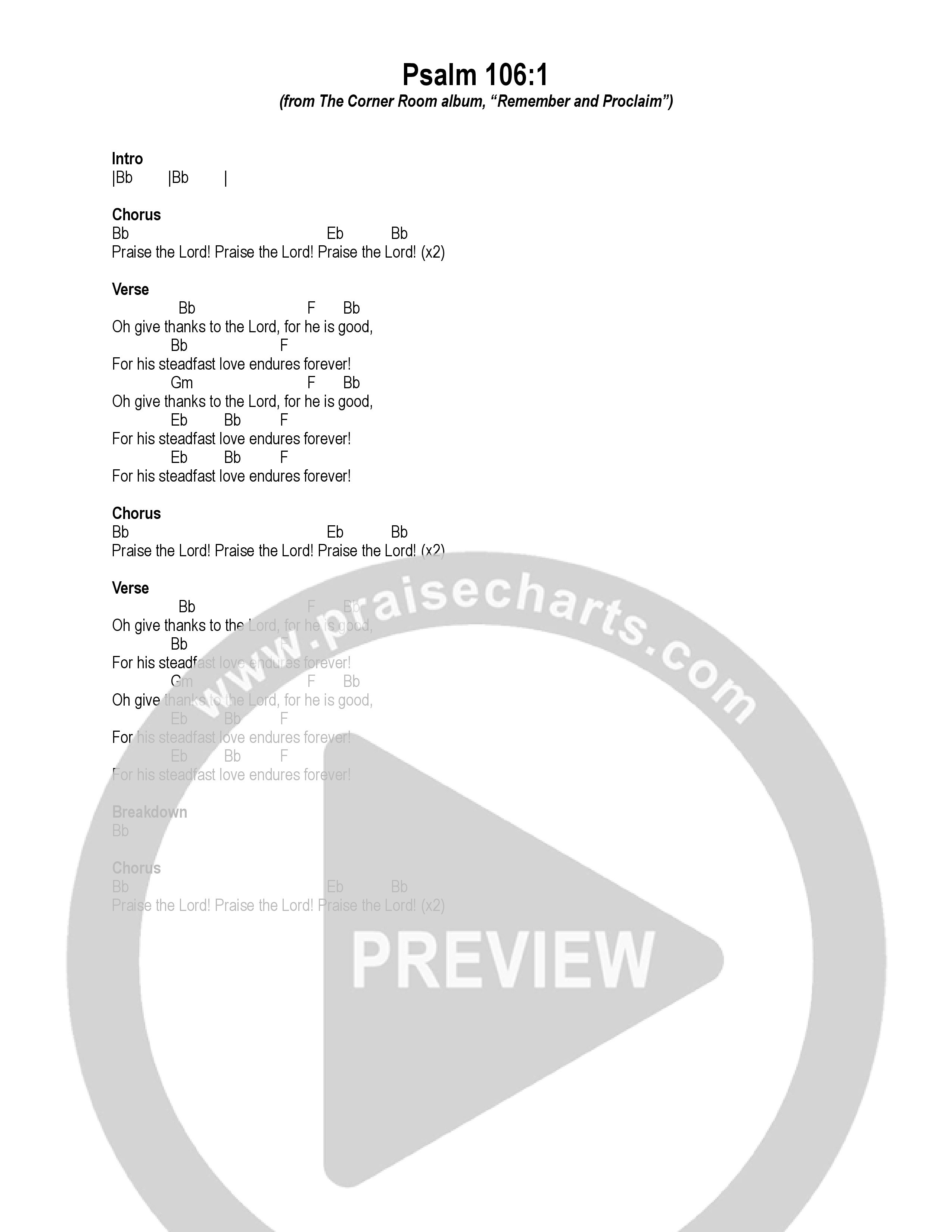 Psalm 106:1 Chord Chart (The Corner Room)