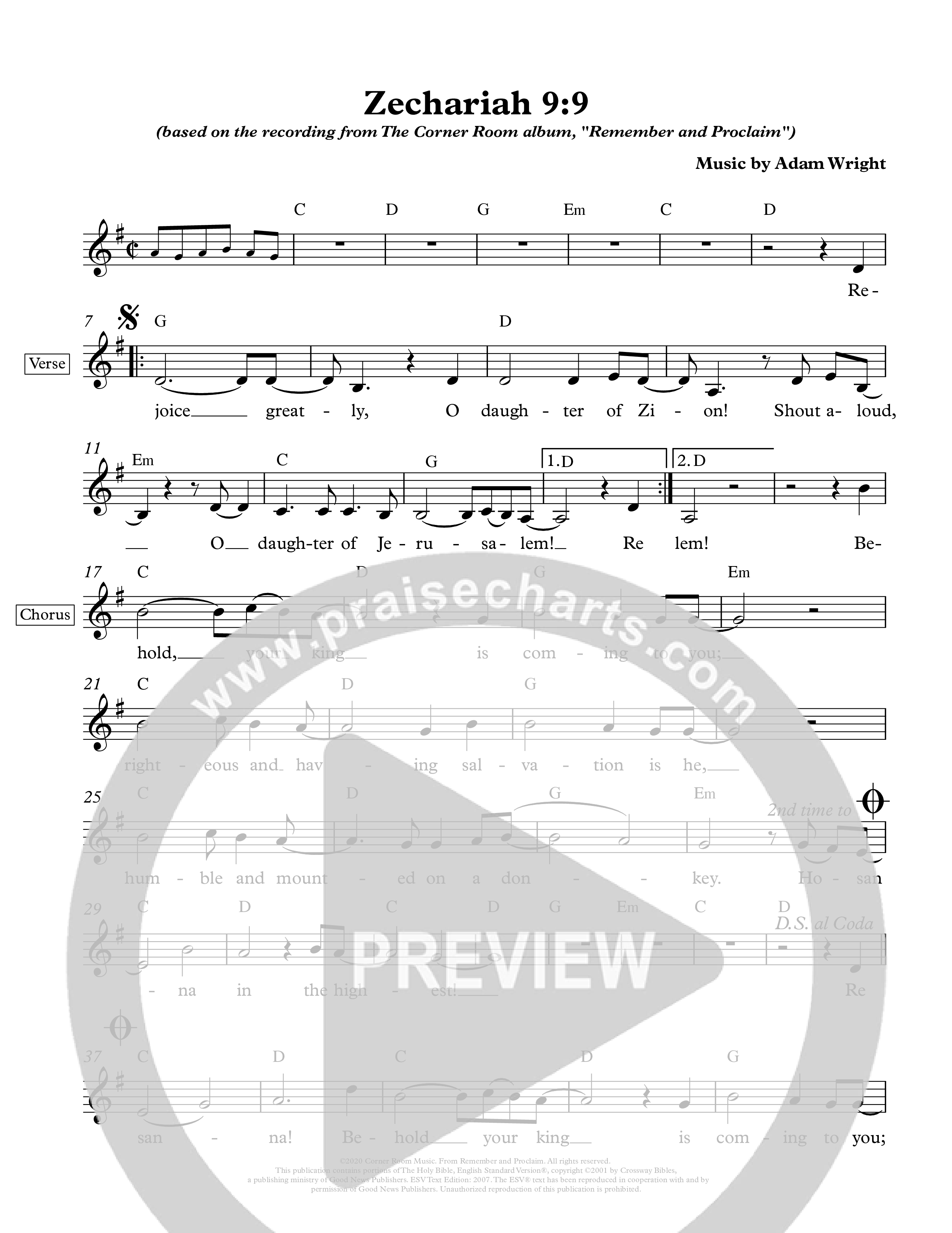 Zechariah 9:9 Lead Sheet Melody (The Corner Room)