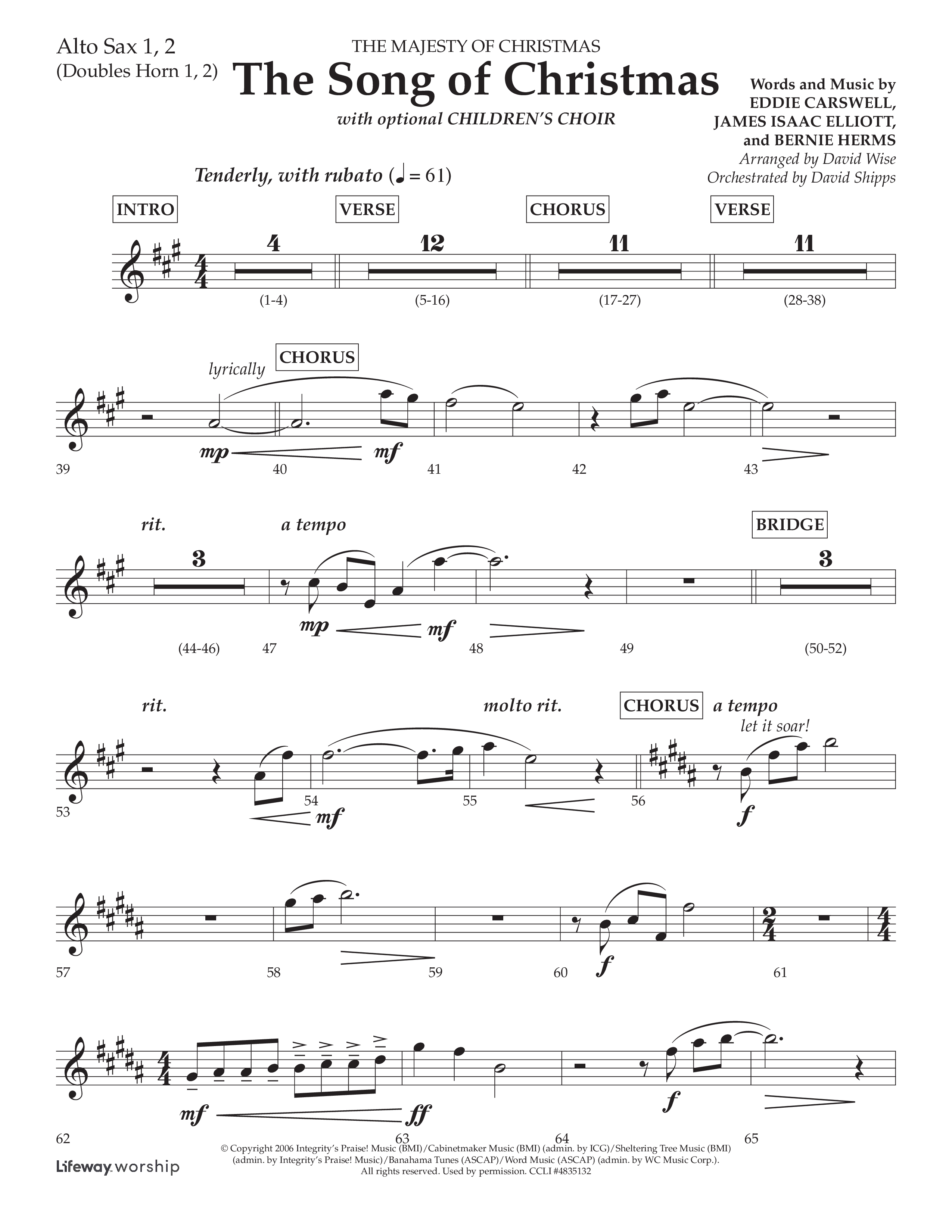 The Song Of Christmas (Choral Anthem SATB) Alto Sax 1/2 (Lifeway Choral / Arr. David Wise / Orch. David Shipps)