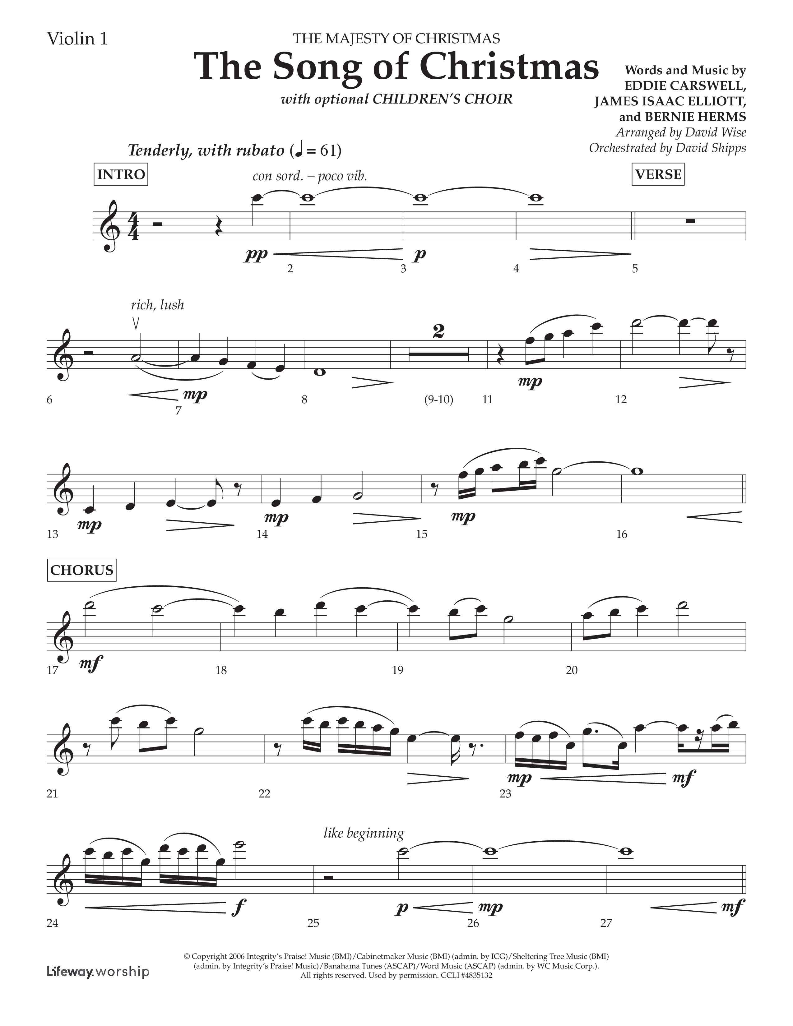 The Song Of Christmas (Choral Anthem SATB) Violin 1 (Lifeway Choral / Arr. David Wise / Orch. David Shipps)