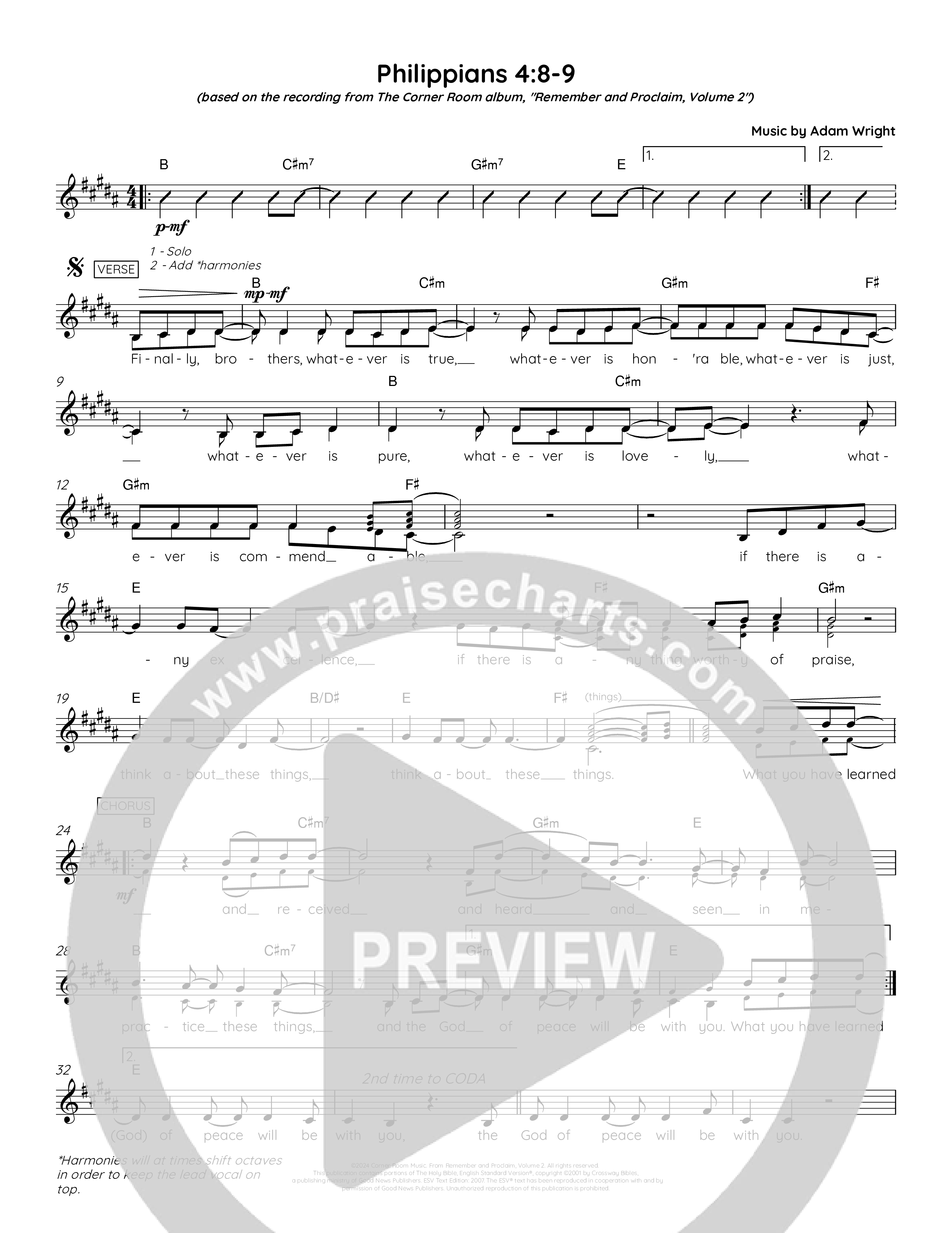 Philippians 4:8-9 Lead Sheet Melody (The Corner Room)