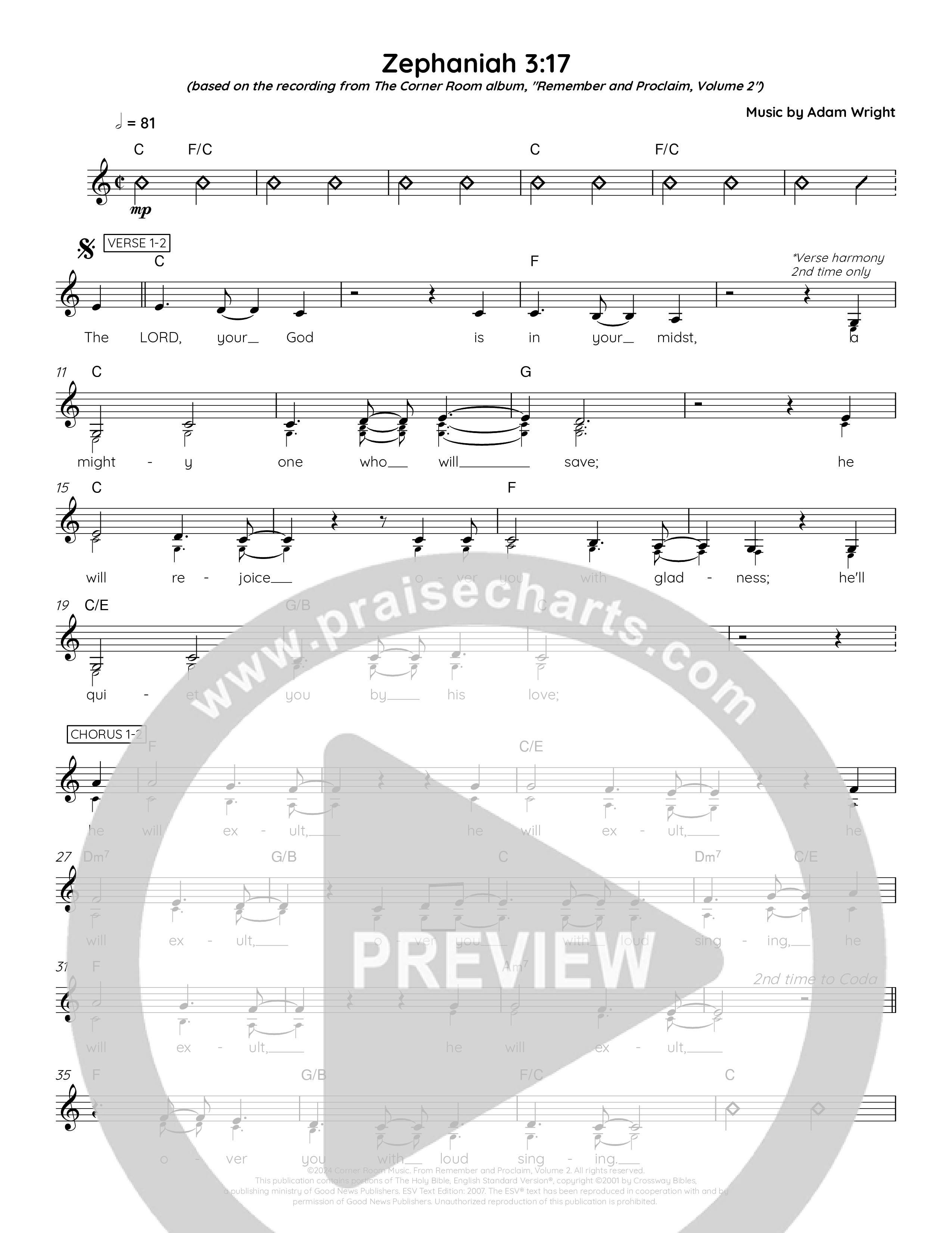 Zephaniah 3:17 Lead Sheet Melody (The Corner Room)