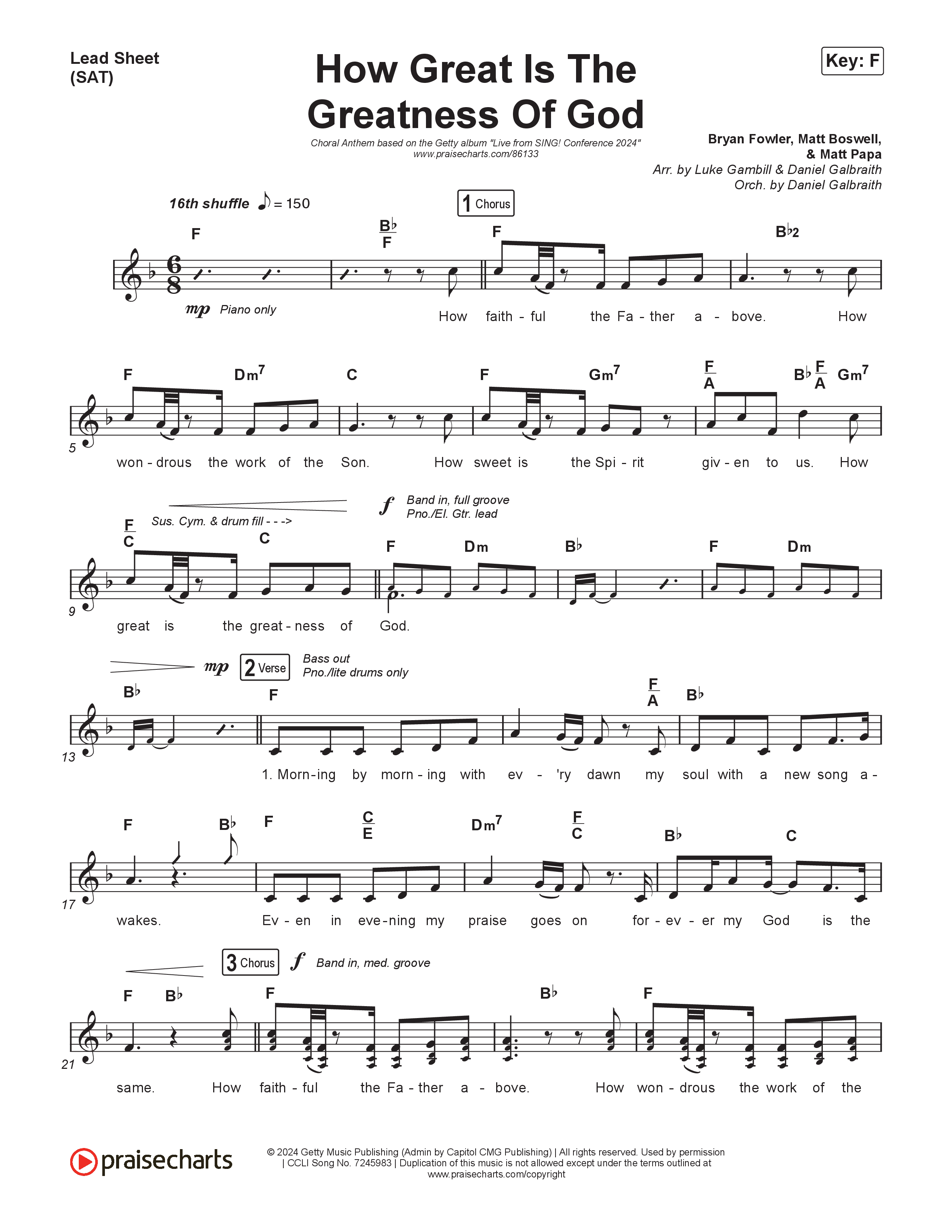 How Great Is The Greatness Of God (Choral Anthem SATB) Lead Sheet (SAT) (Keith & Kristyn Getty / Matt Boswell / Matt Papa / Bryan Fowler / Arr. Luke Gambill)