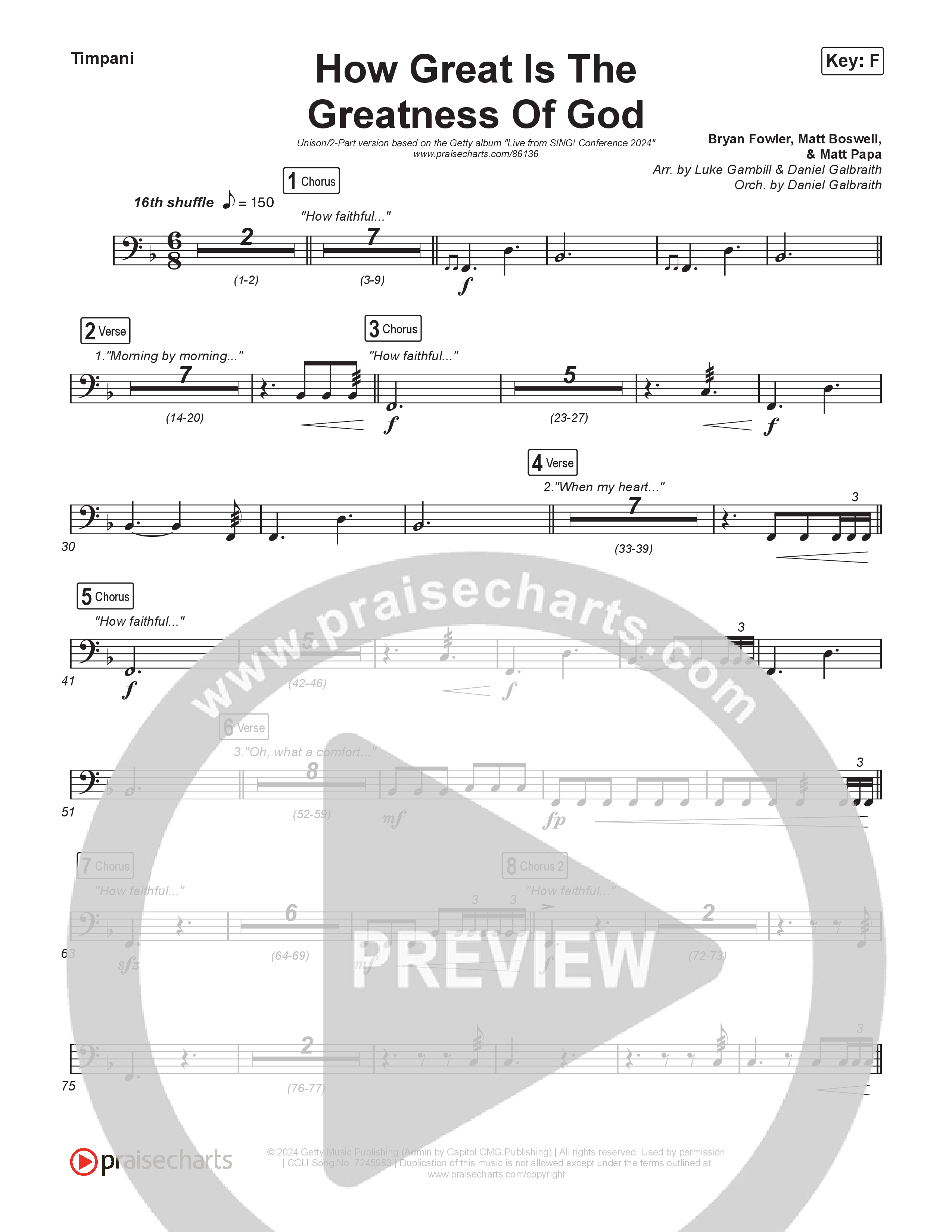 How Great Is The Greatness Of God (Unison/2-Part) Timpani (Keith & Kristyn Getty / Matt Boswell / Matt Papa / Bryan Fowler / Arr. Luke Gambill)