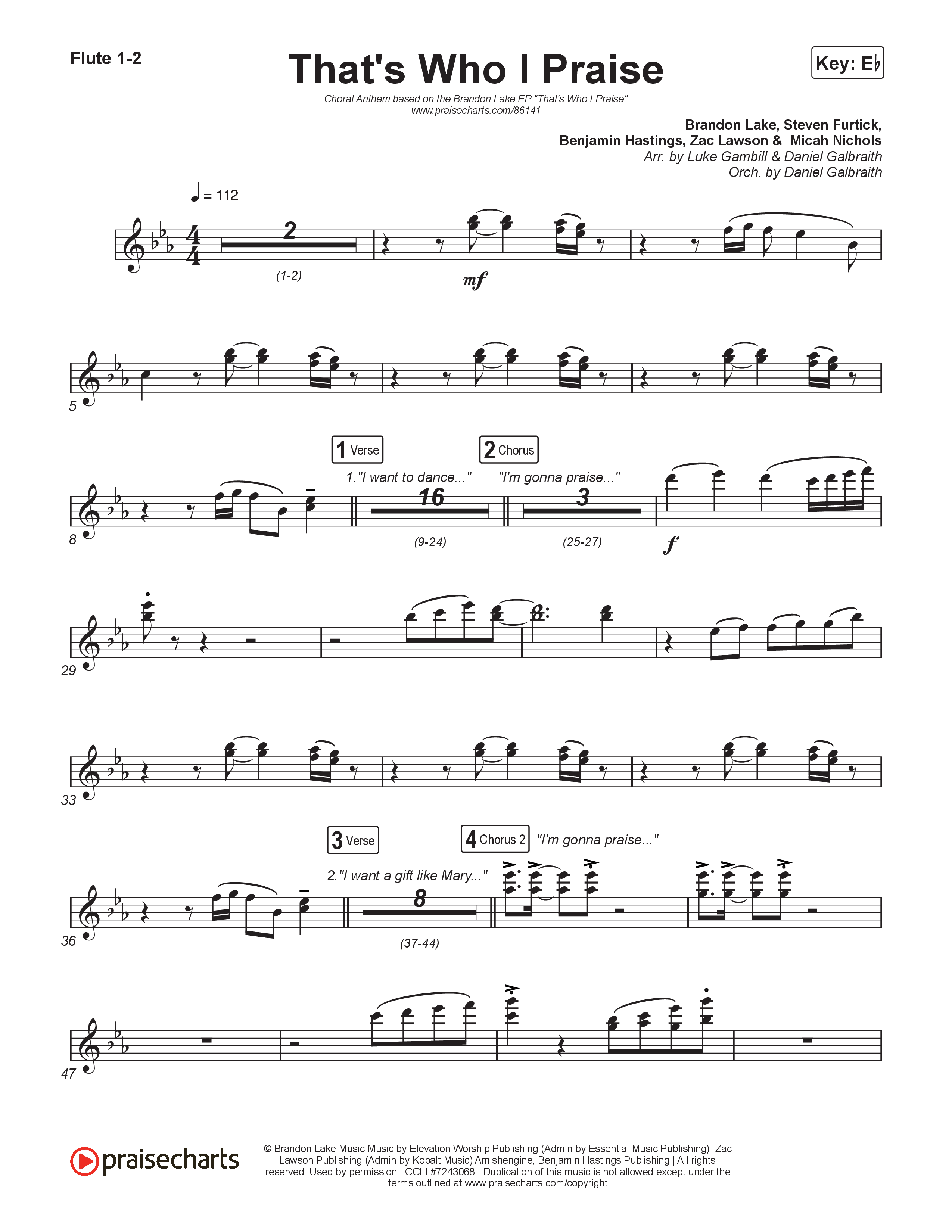 That's Who I Praise (Choral Anthem SATB) Flute 1,2 (Brandon Lake / Arr. Luke Gambill)
