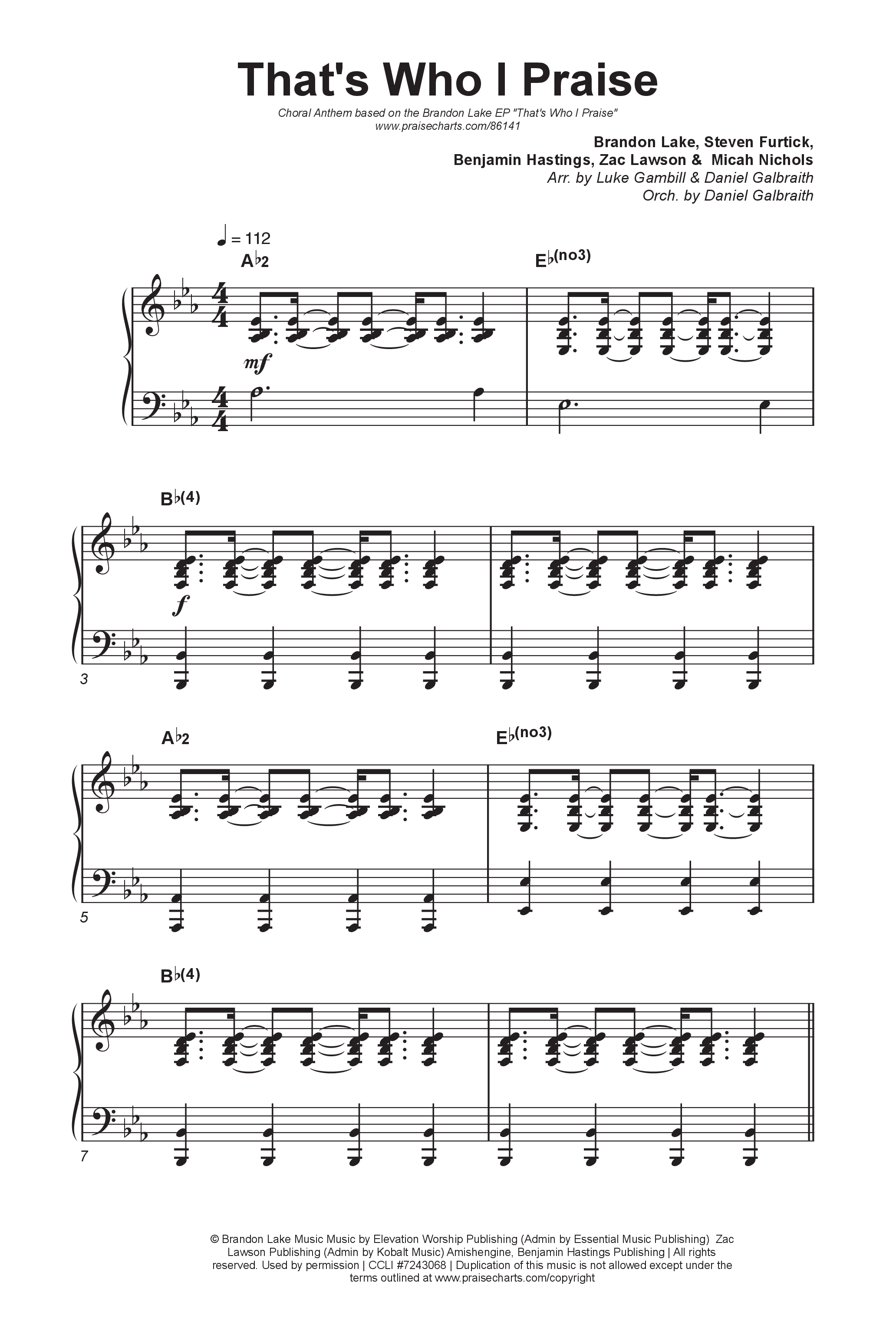 That's Who I Praise (Choral Anthem SATB) Octavo (SATB & Pno) (Brandon Lake / Arr. Luke Gambill)