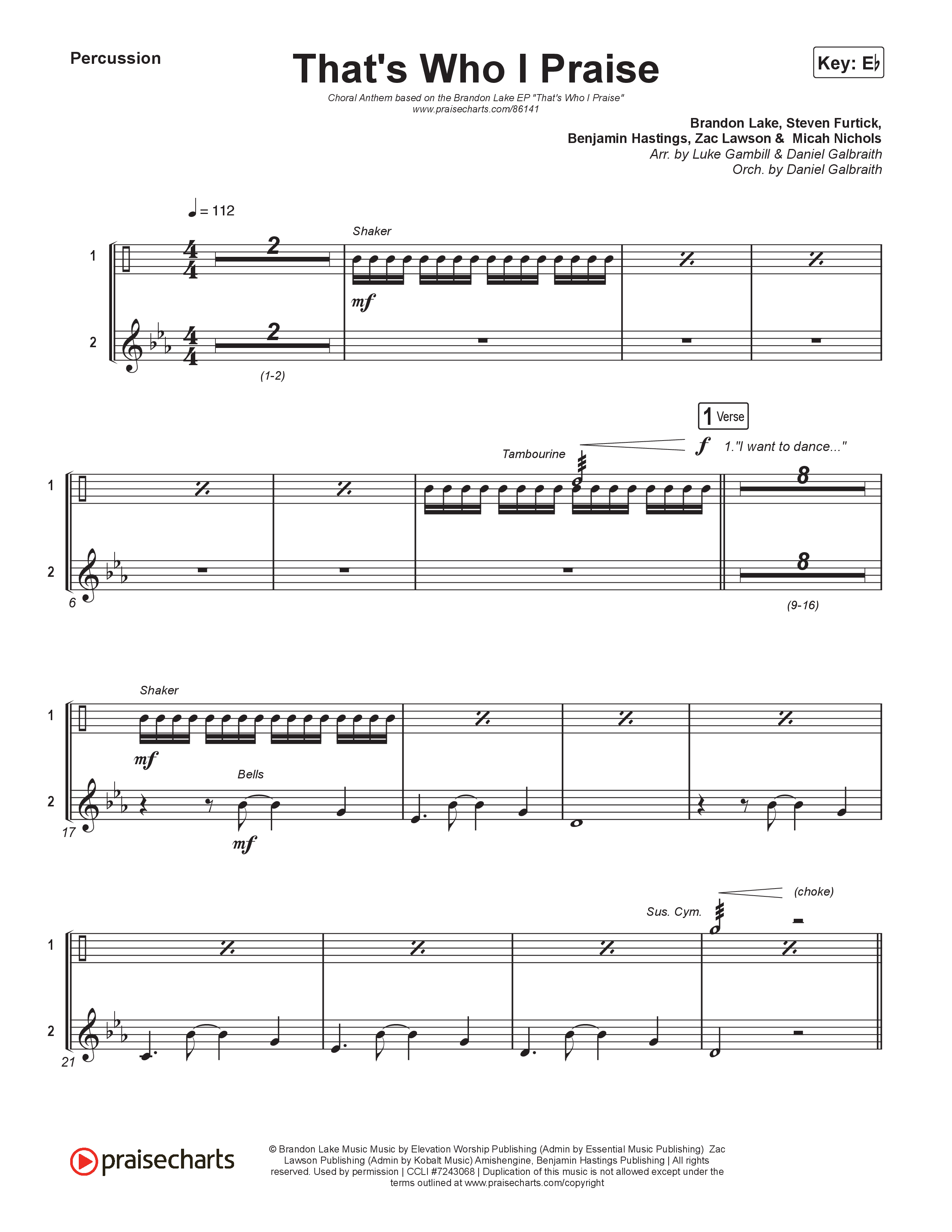 That's Who I Praise (Choral Anthem SATB) Percussion (Brandon Lake / Arr. Luke Gambill)