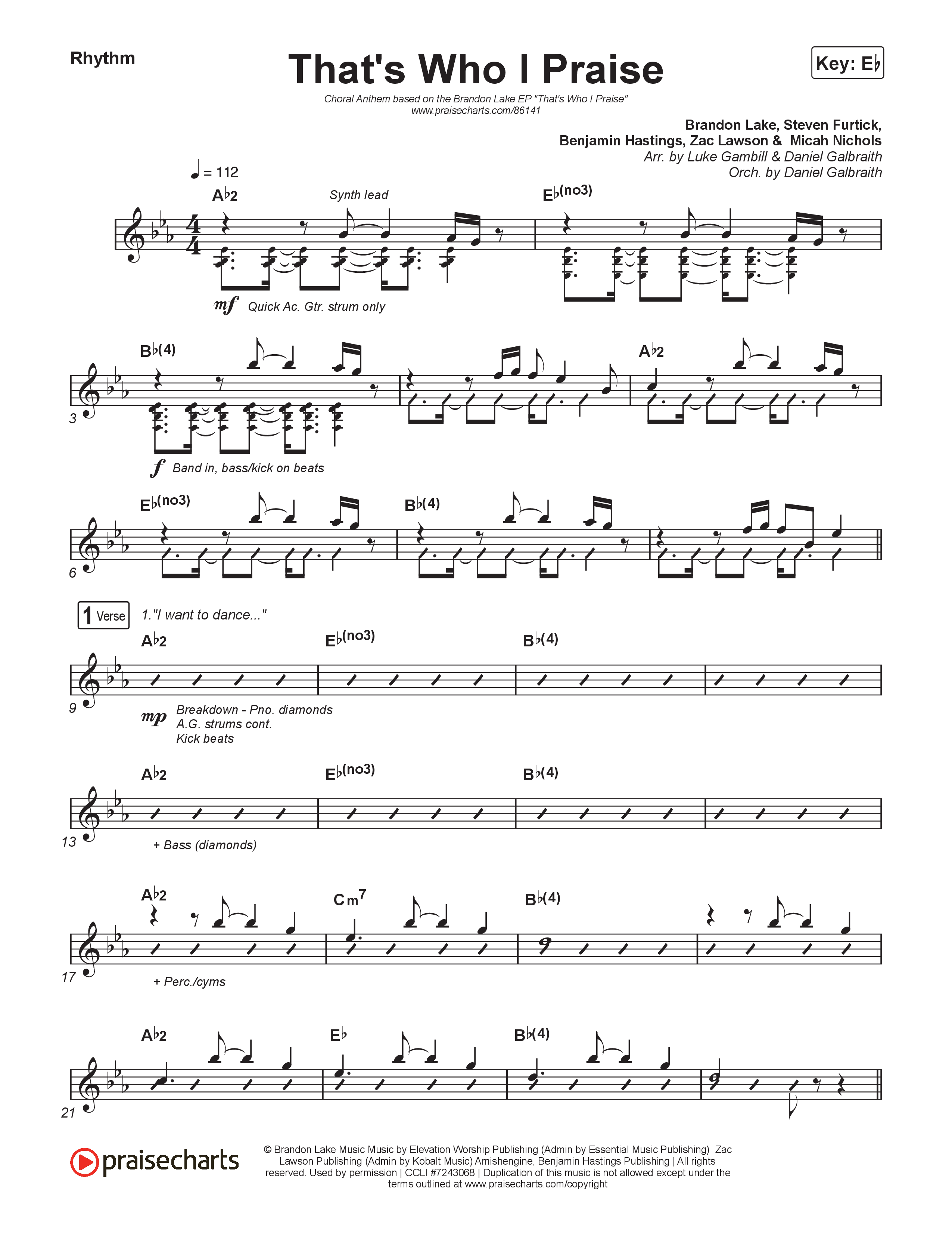 That's Who I Praise (Choral Anthem SATB) Rhythm Chart (Brandon Lake / Arr. Luke Gambill)