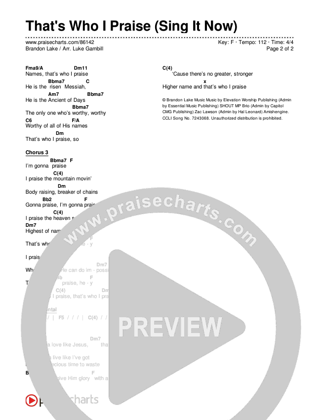 That's Who I Praise (Sing It Now) Chords & Lyrics (Brandon Lake / Arr. Luke Gambill)