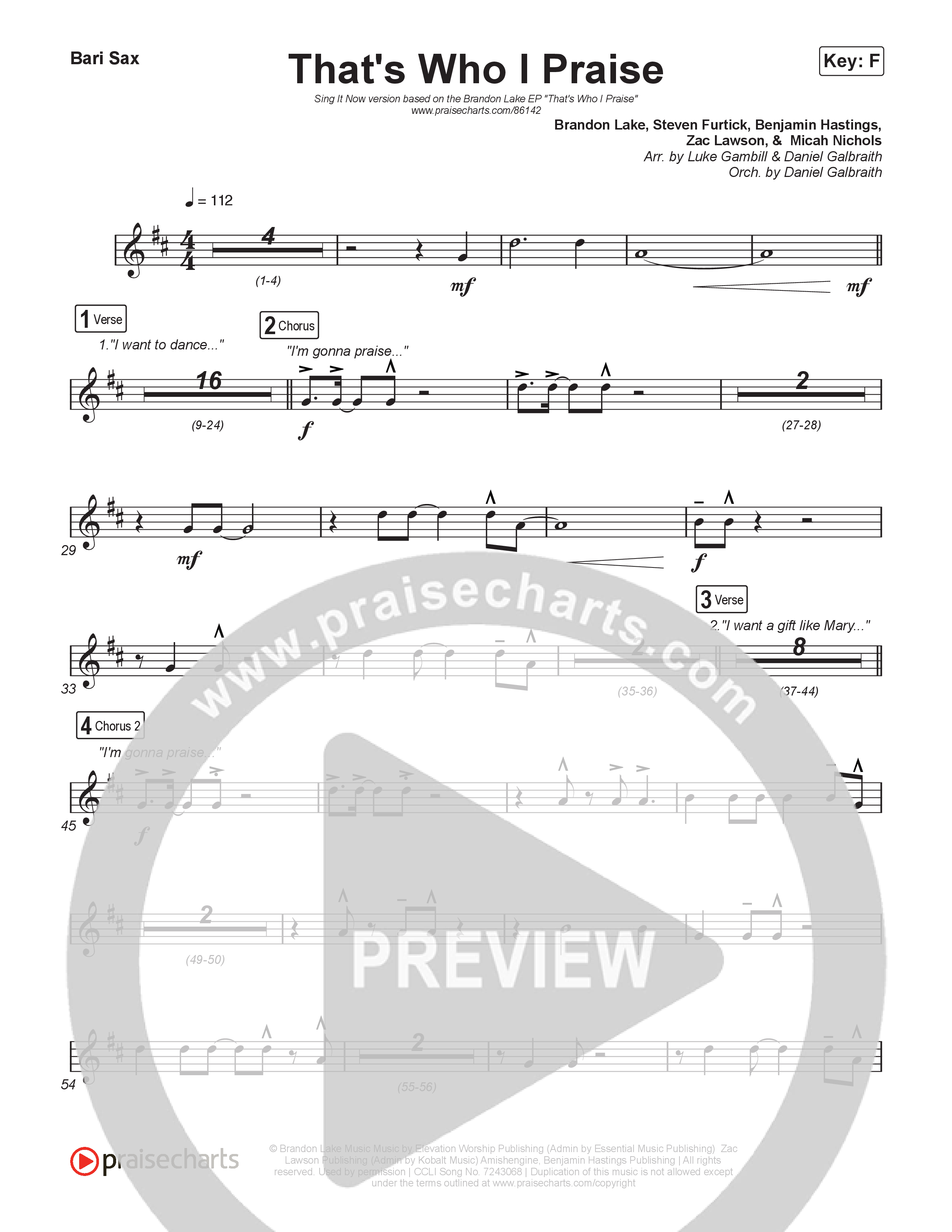 That's Who I Praise (Sing It Now) Bari Sax (Brandon Lake / Arr. Luke Gambill)