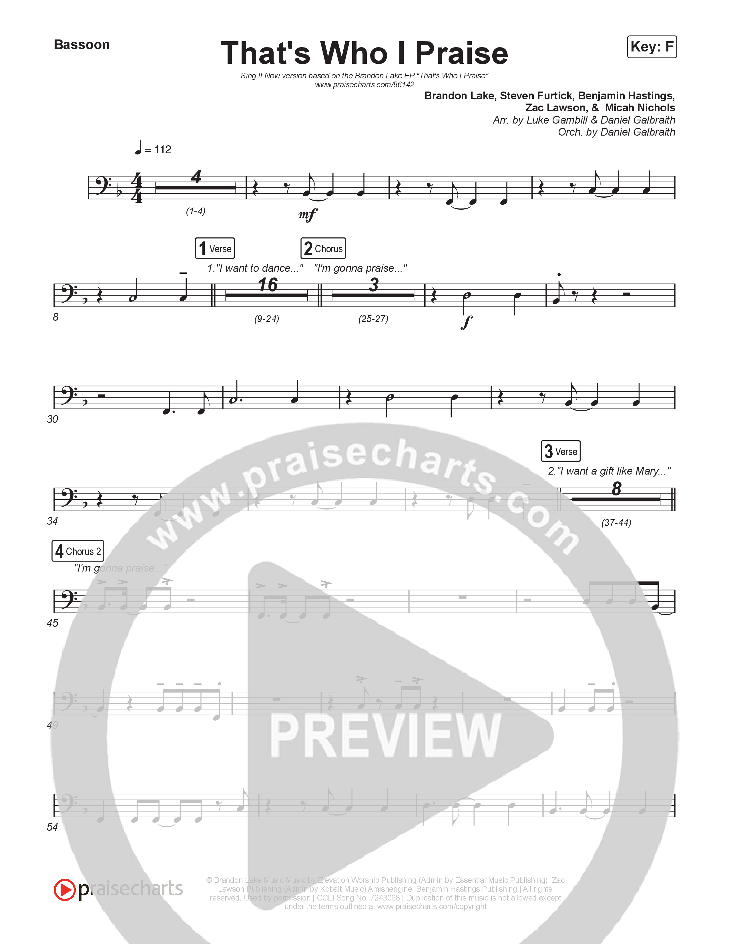 That's Who I Praise (Sing It Now) Bassoon (Brandon Lake / Arr. Luke Gambill)