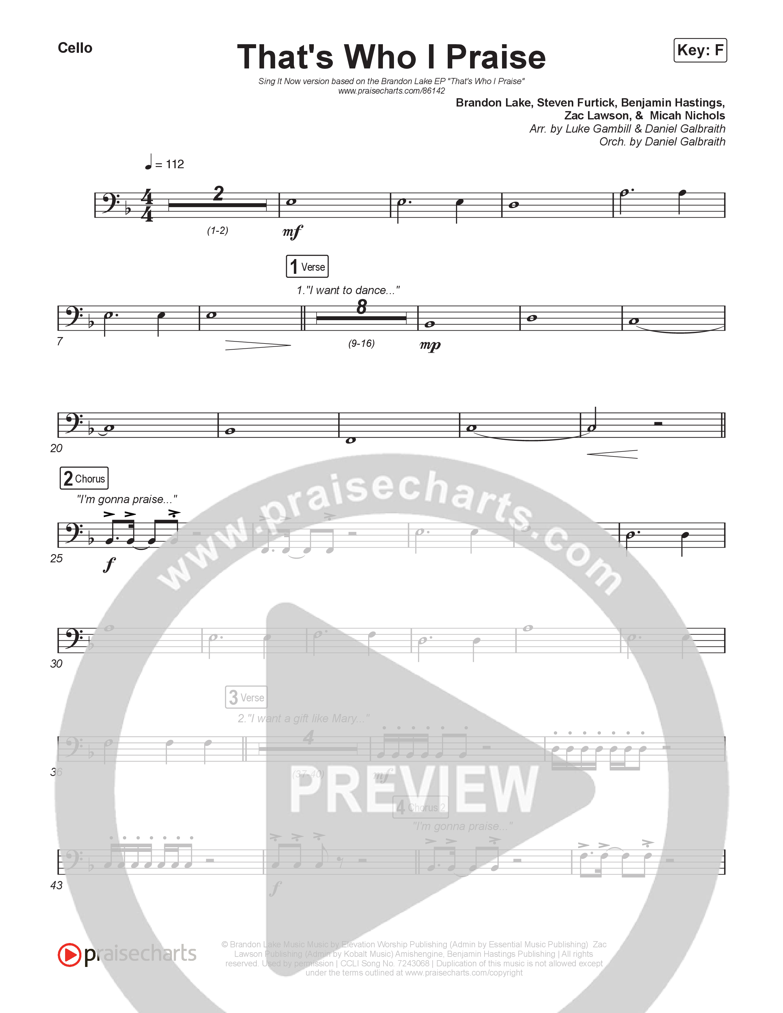 That's Who I Praise (Sing It Now) Cello (Brandon Lake / Arr. Luke Gambill)