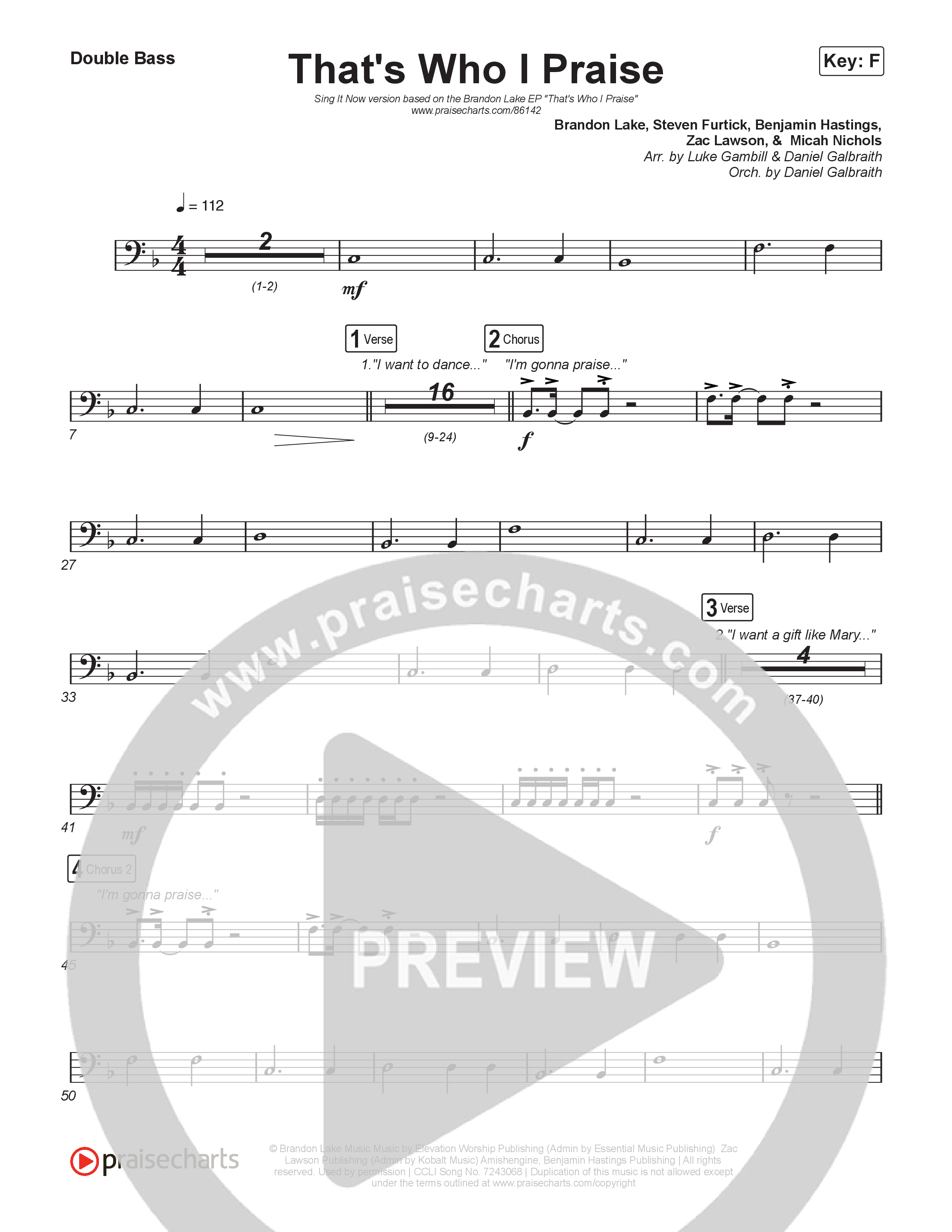 That's Who I Praise (Sing It Now) Double Bass (Brandon Lake / Arr. Luke Gambill)
