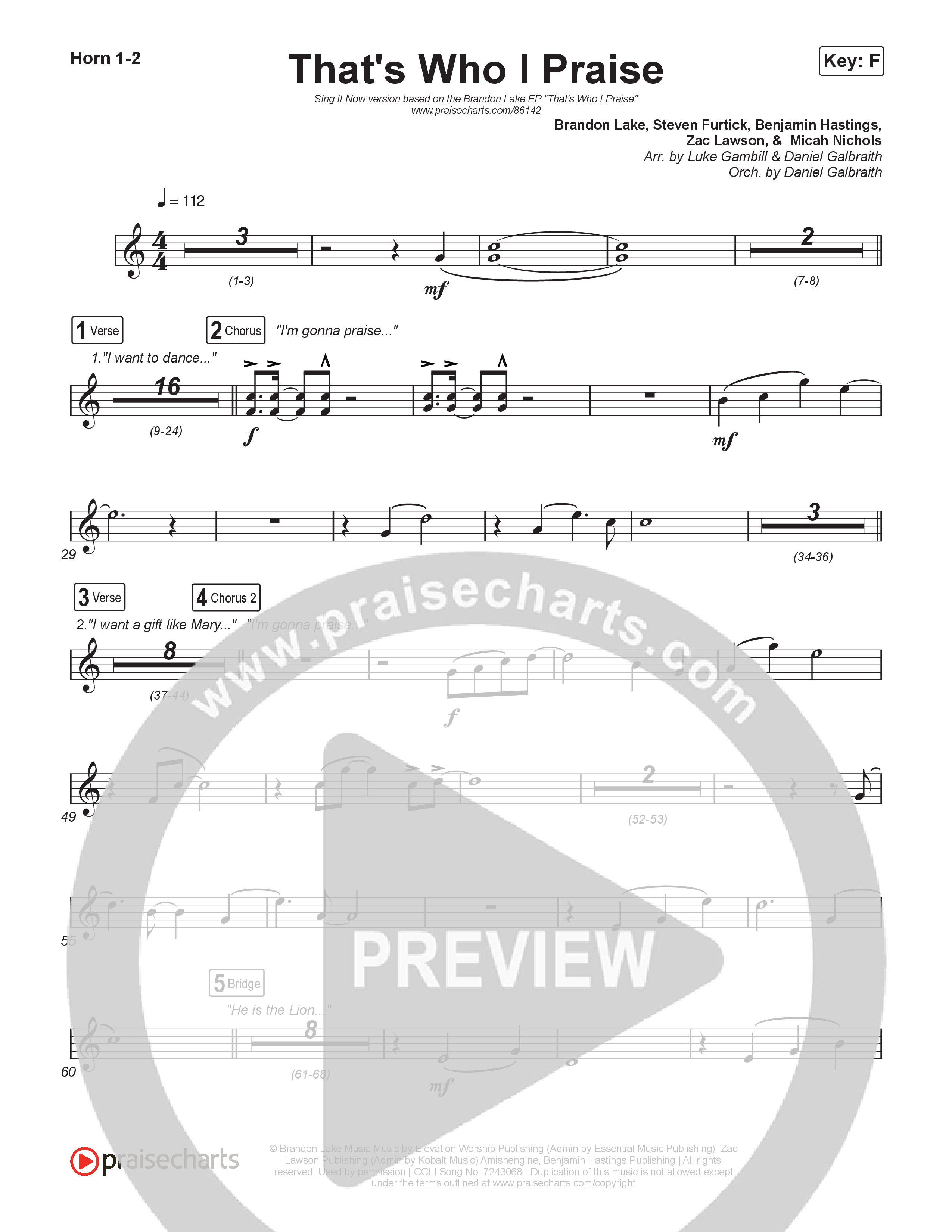 That's Who I Praise (Sing It Now) French Horn 1/2 (Brandon Lake / Arr. Luke Gambill)