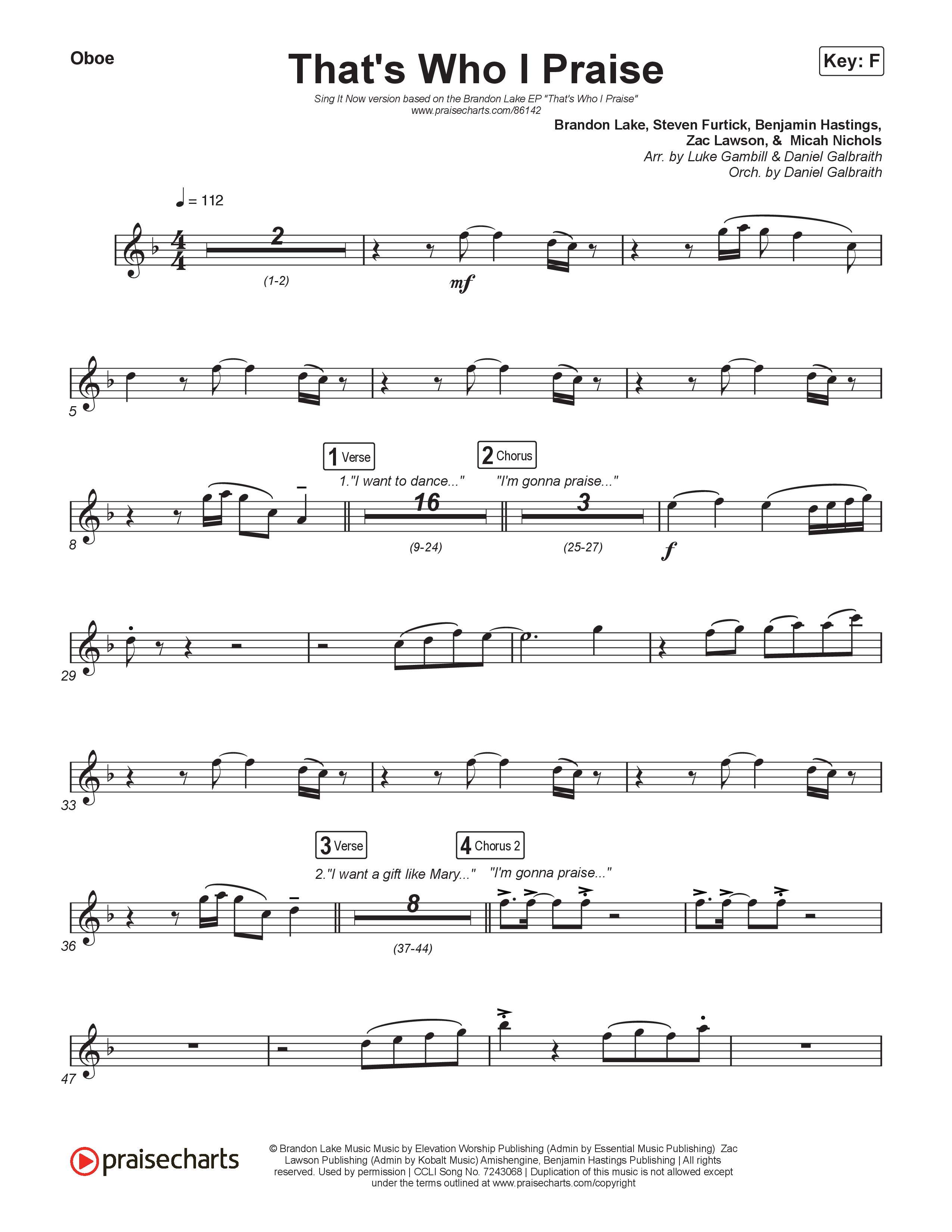 That's Who I Praise (Sing It Now) Oboe (Brandon Lake / Arr. Luke Gambill)