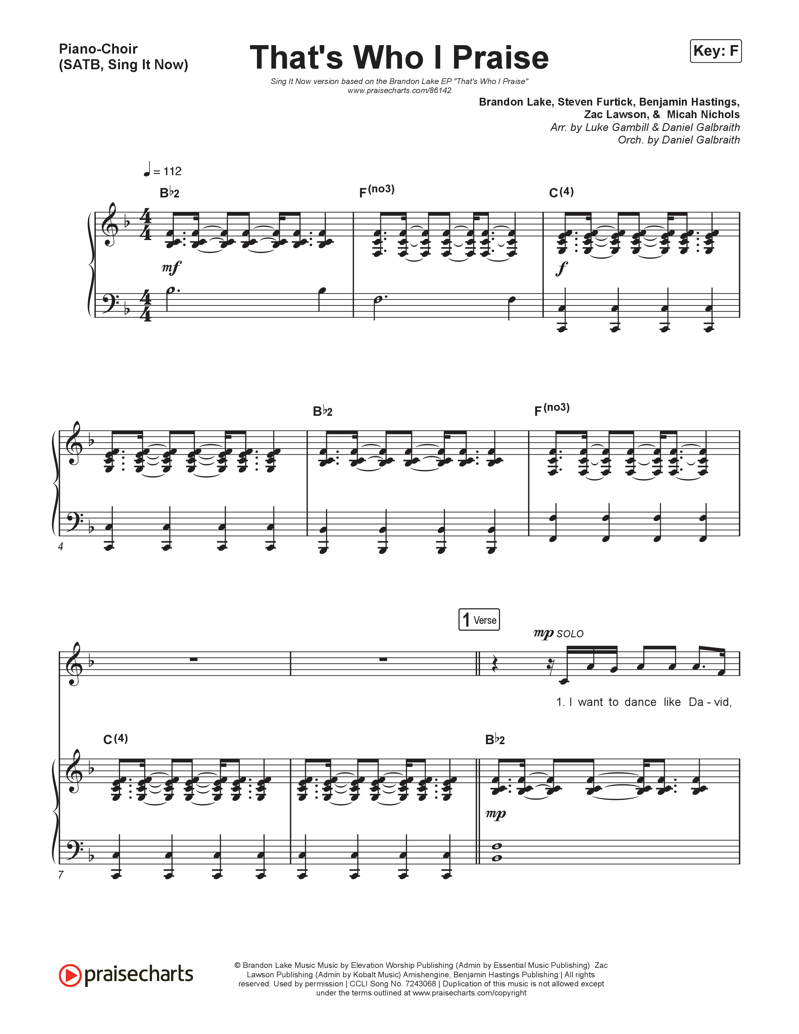 That's Who I Praise (Sing It Now) Piano/Choir (SATB) (Brandon Lake / Arr. Luke Gambill)