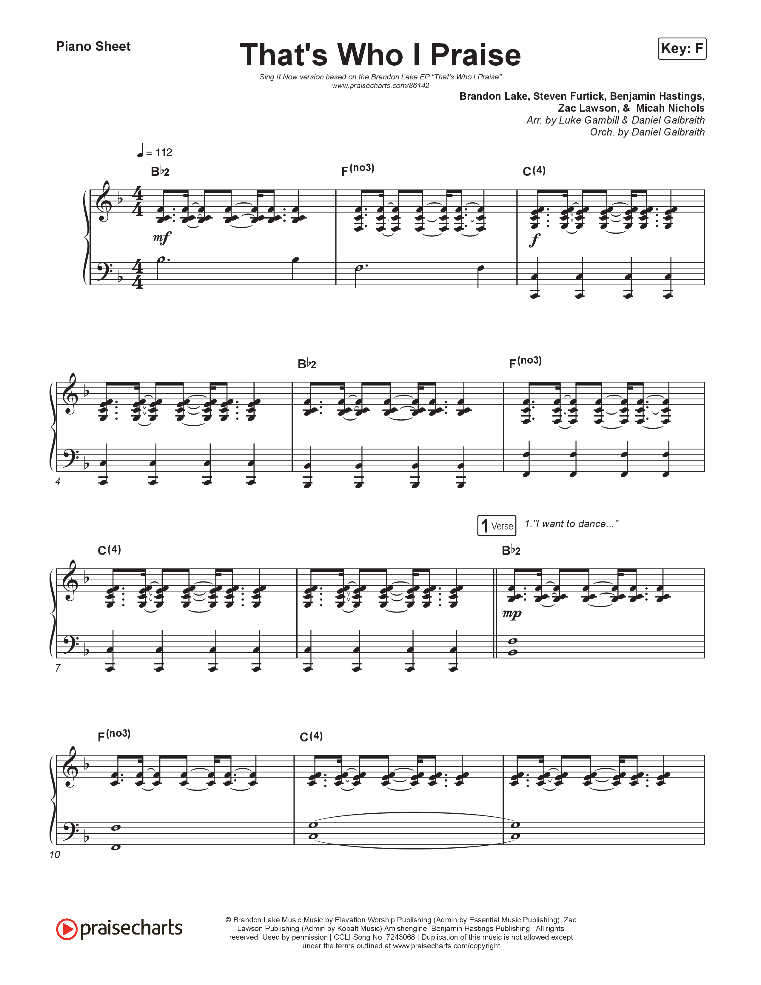 That's Who I Praise (Sing It Now) Piano Sheet (Brandon Lake / Arr. Luke Gambill)