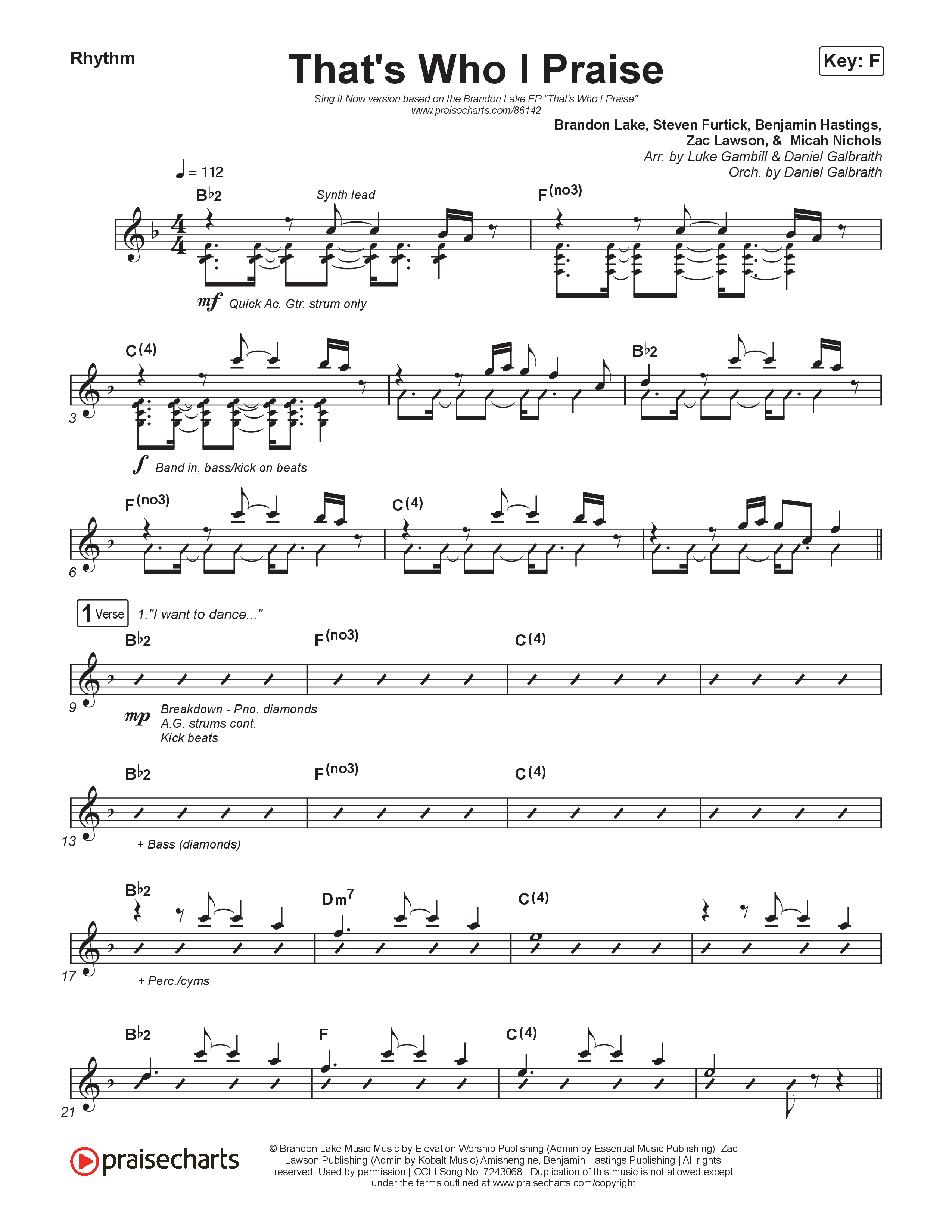 That's Who I Praise (Sing It Now) Rhythm Chart (Brandon Lake / Arr. Luke Gambill)