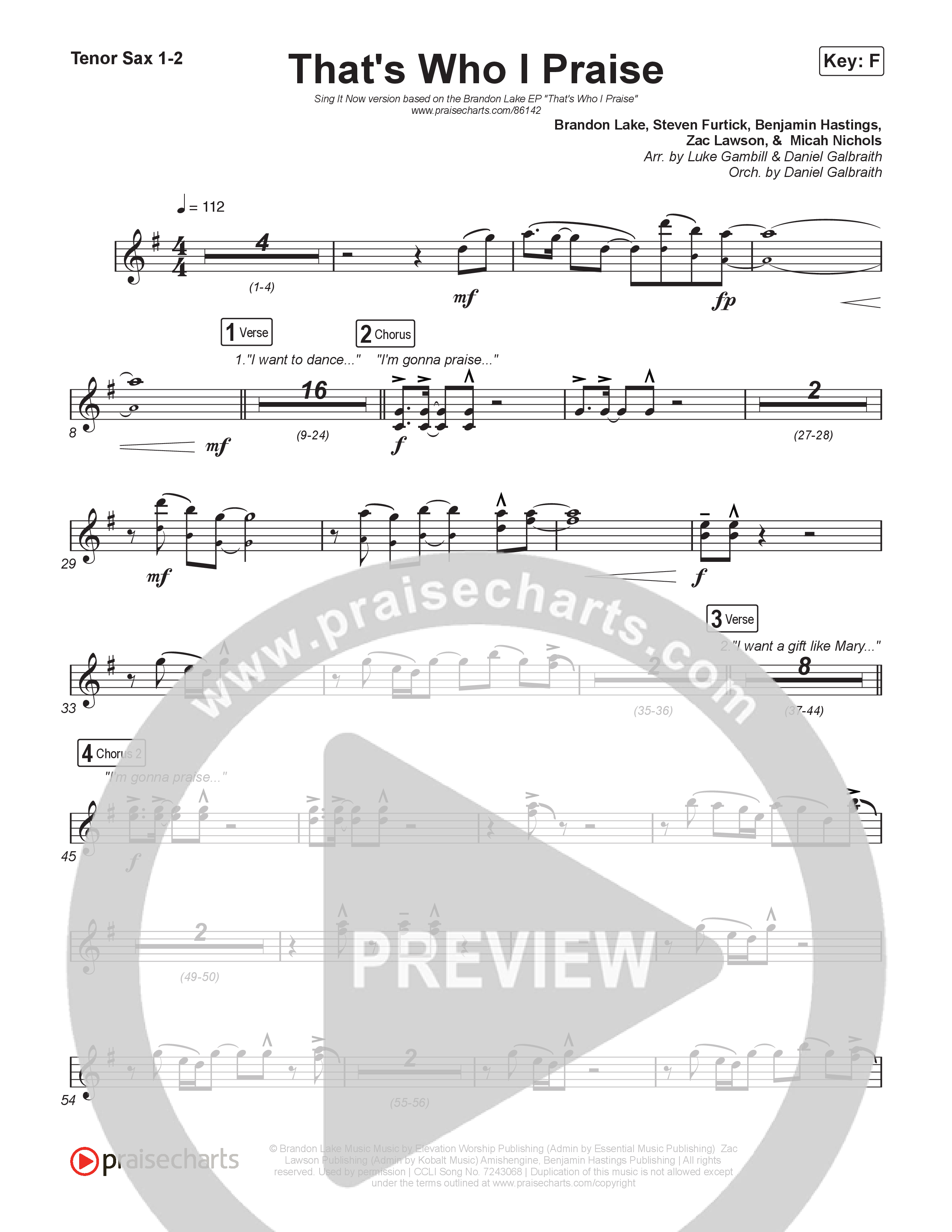 That's Who I Praise (Sing It Now) Tenor Sax 1/2 (Brandon Lake / Arr. Luke Gambill)