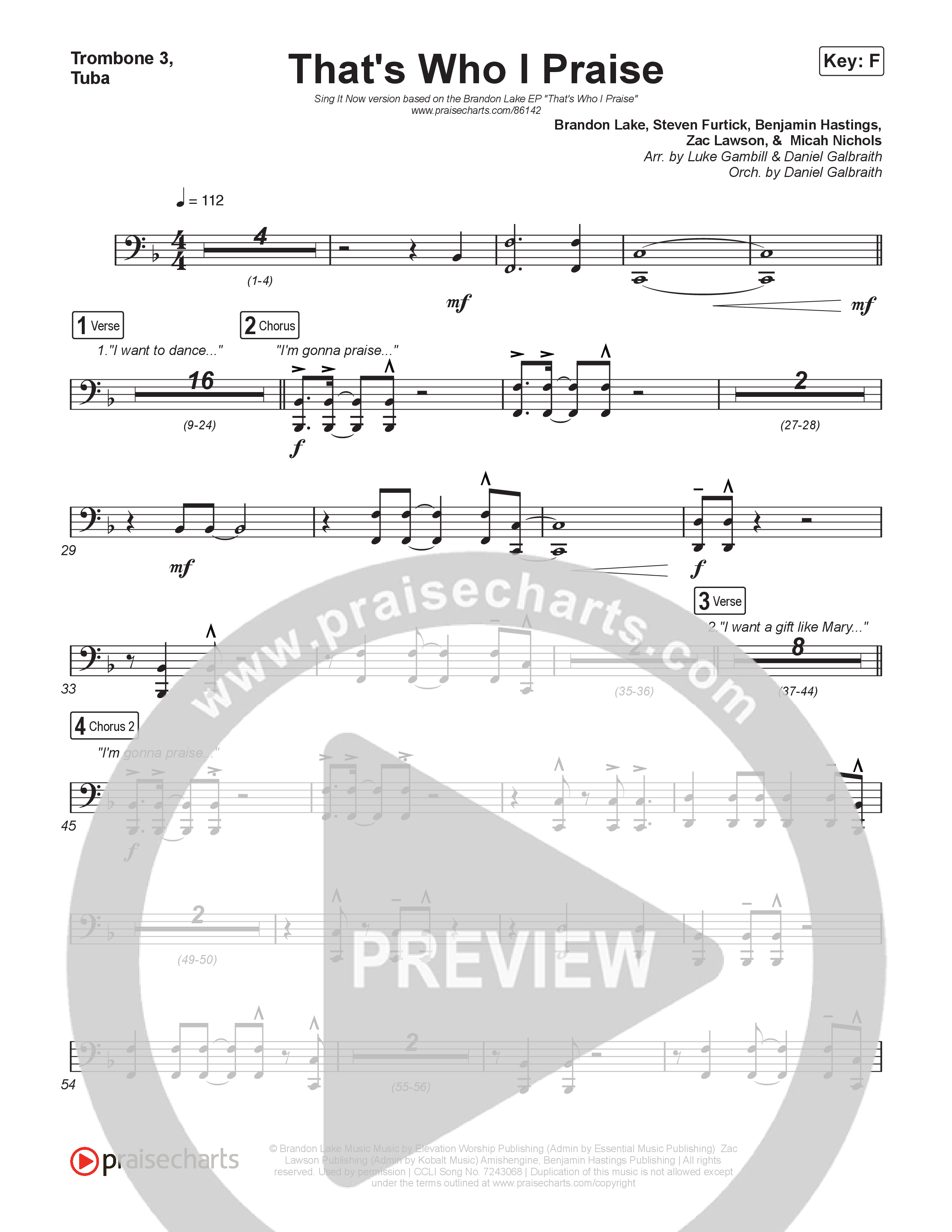 That's Who I Praise (Sing It Now) Trombone 3/Tuba (Brandon Lake / Arr. Luke Gambill)