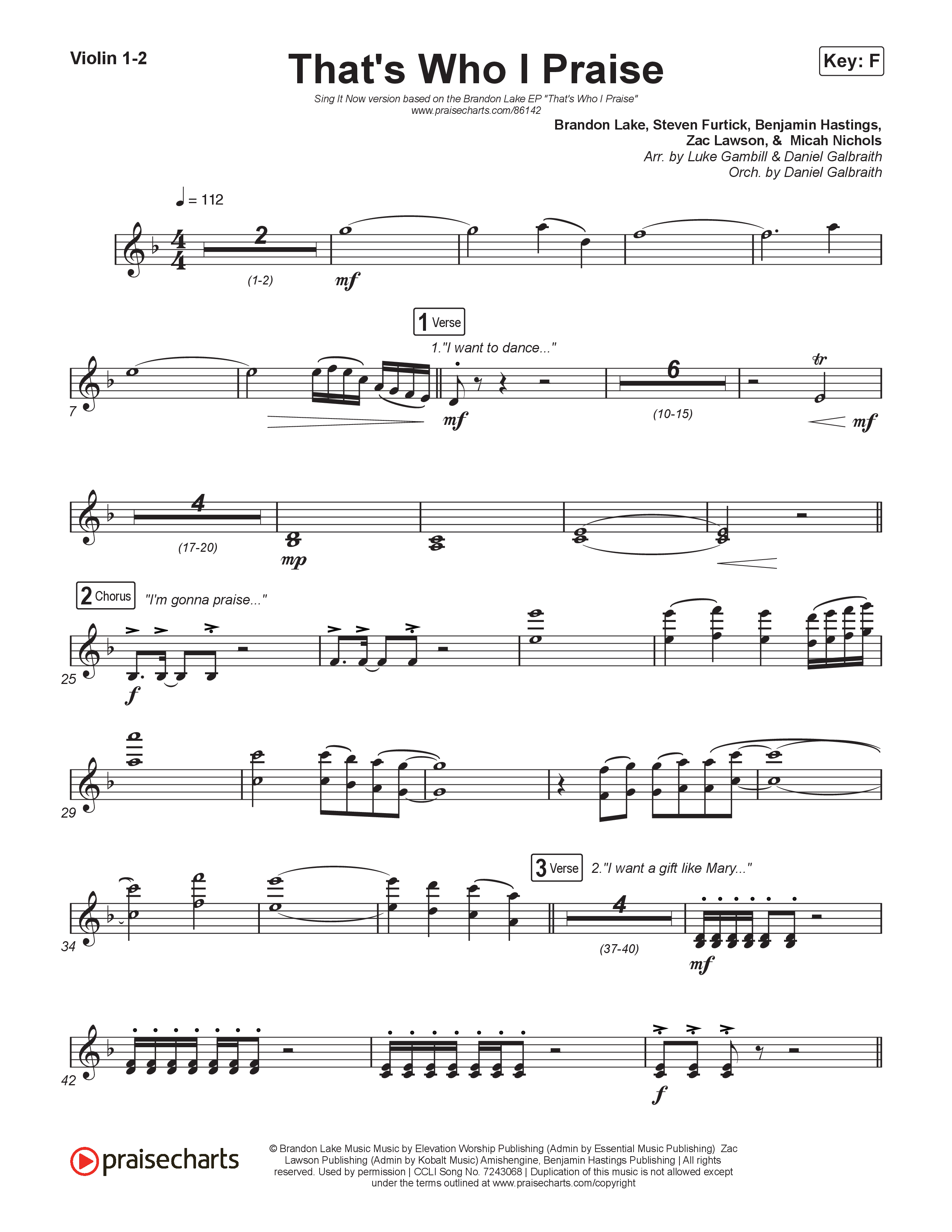 That's Who I Praise (Sing It Now) Violin 1/2 (Brandon Lake / Arr. Luke Gambill)