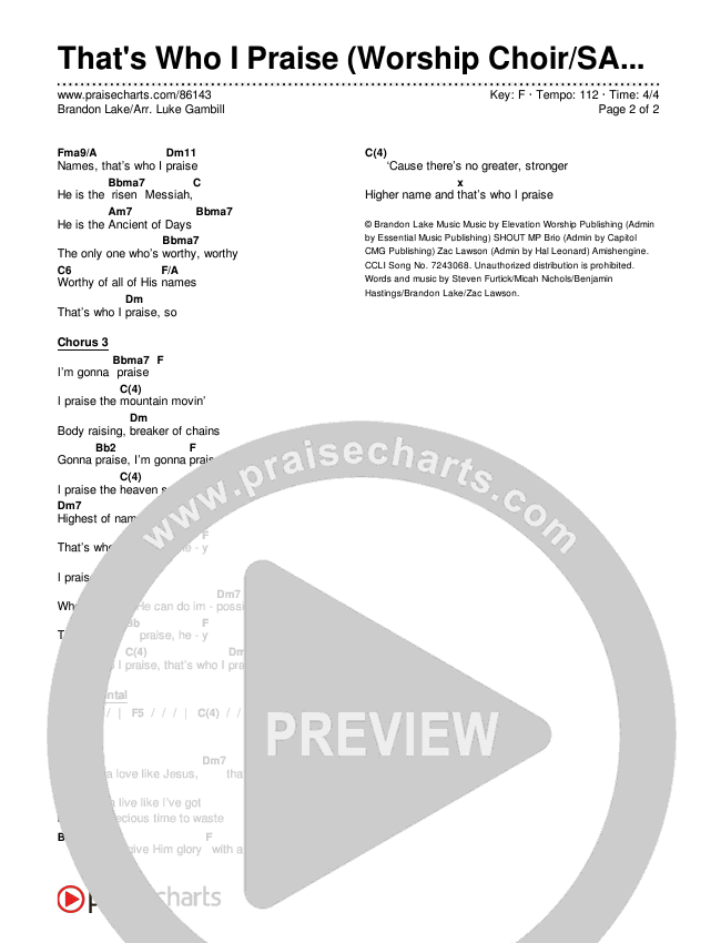 That's Who I Praise (Worship Choir/SAB) Chords & Lyrics (Brandon Lake / Arr. Luke Gambill)