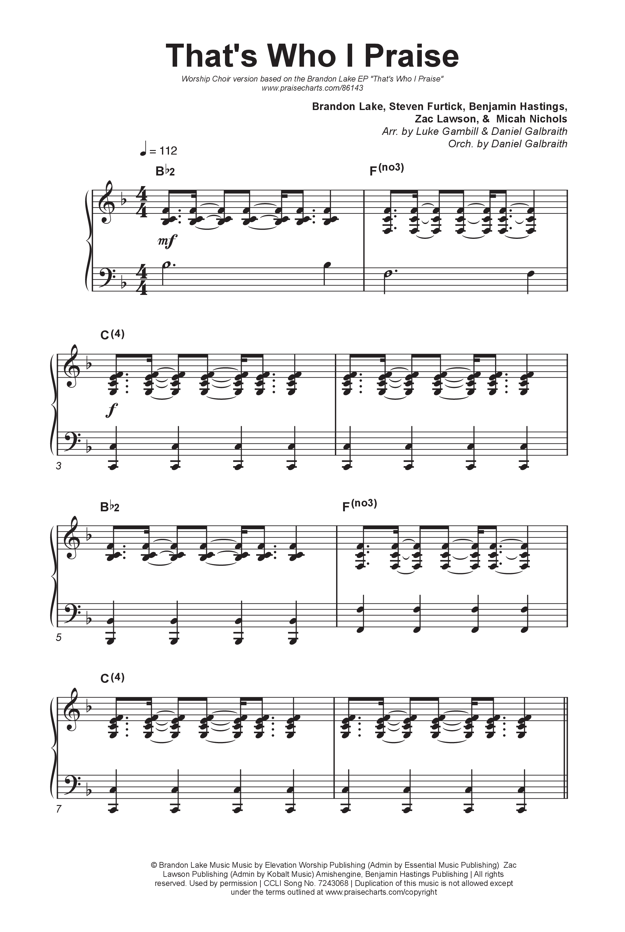 That's Who I Praise (Worship Choir/SAB) Octavo (SAB & Pno) (Brandon Lake / Arr. Luke Gambill)