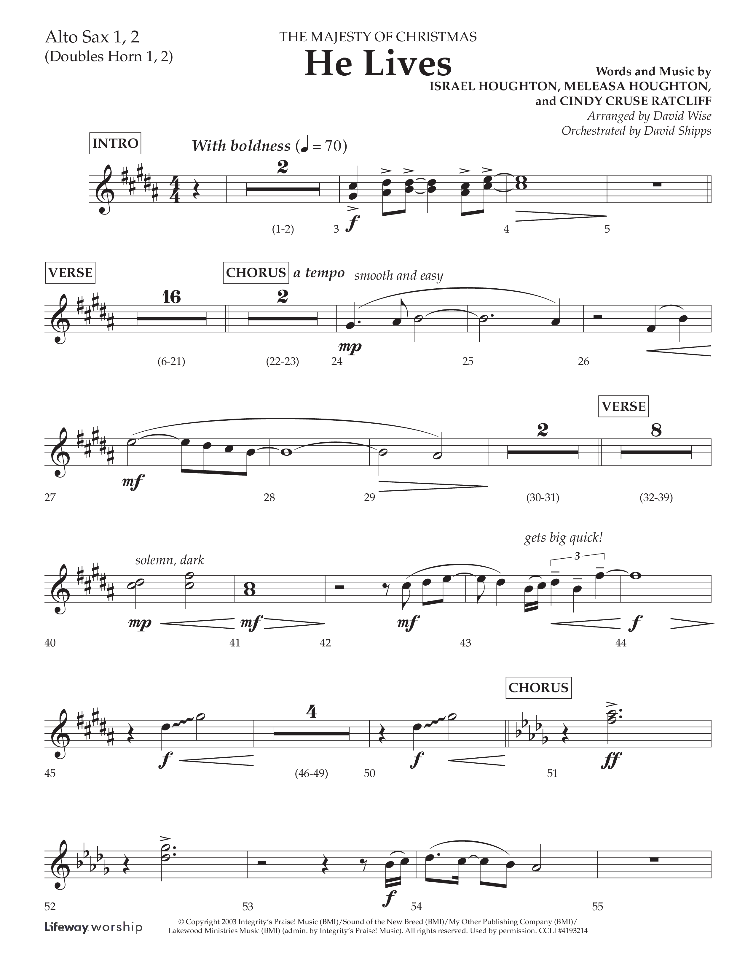 He Lives (Choral Anthem SATB) Alto Sax 1/2 (Lifeway Choral / Arr. David Wise / Orch. David Shipps)