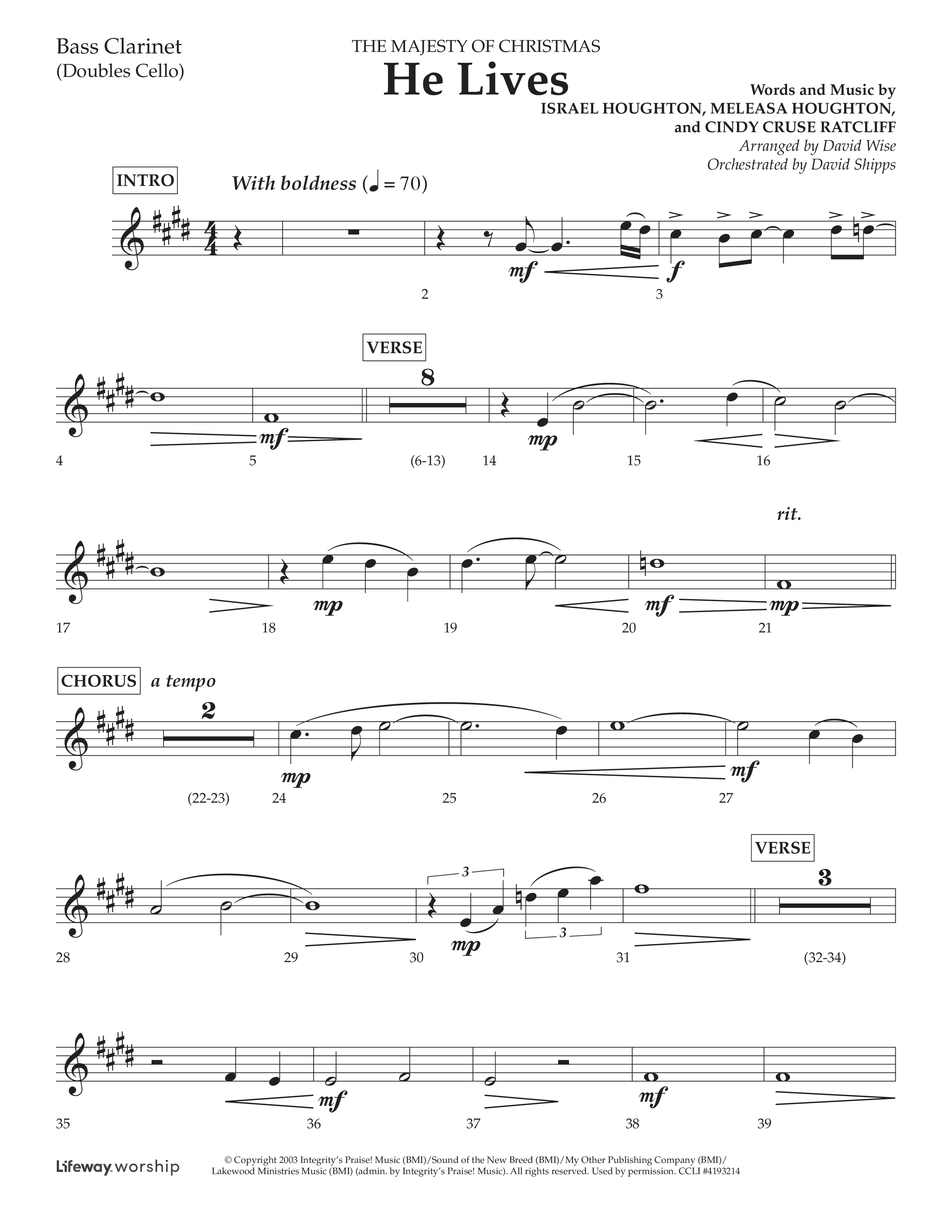 He Lives (Choral Anthem SATB) Bass Clarinet (Lifeway Choral / Arr. David Wise / Orch. David Shipps)