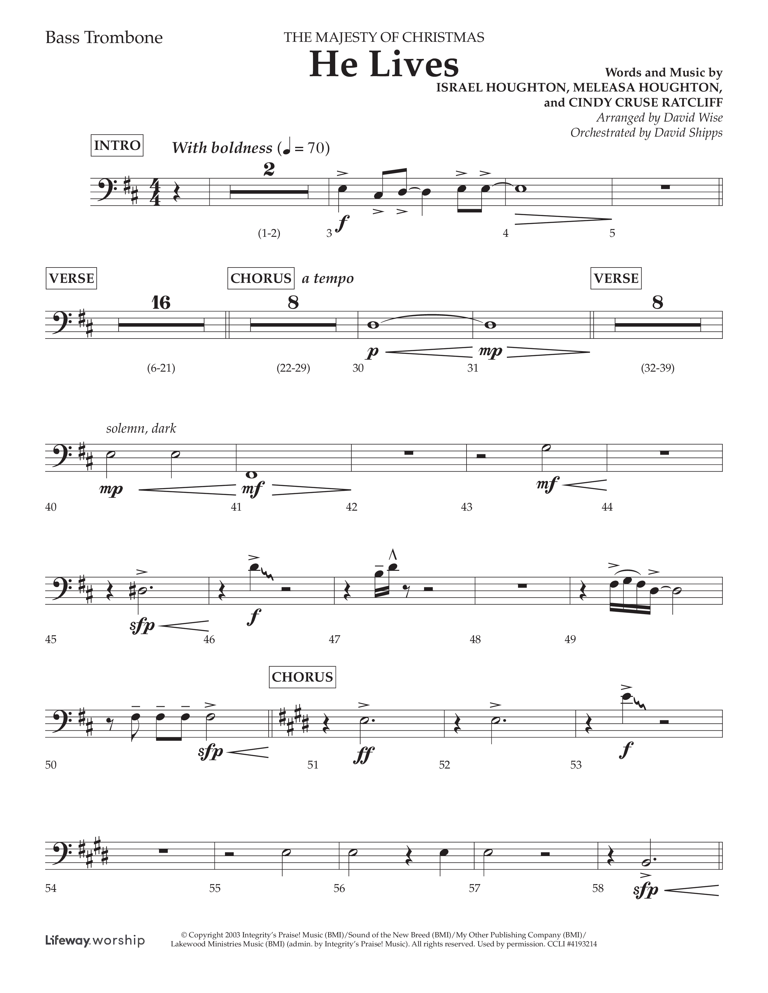 He Lives (Choral Anthem SATB) Bass Trombone (Lifeway Choral / Arr. David Wise / Orch. David Shipps)