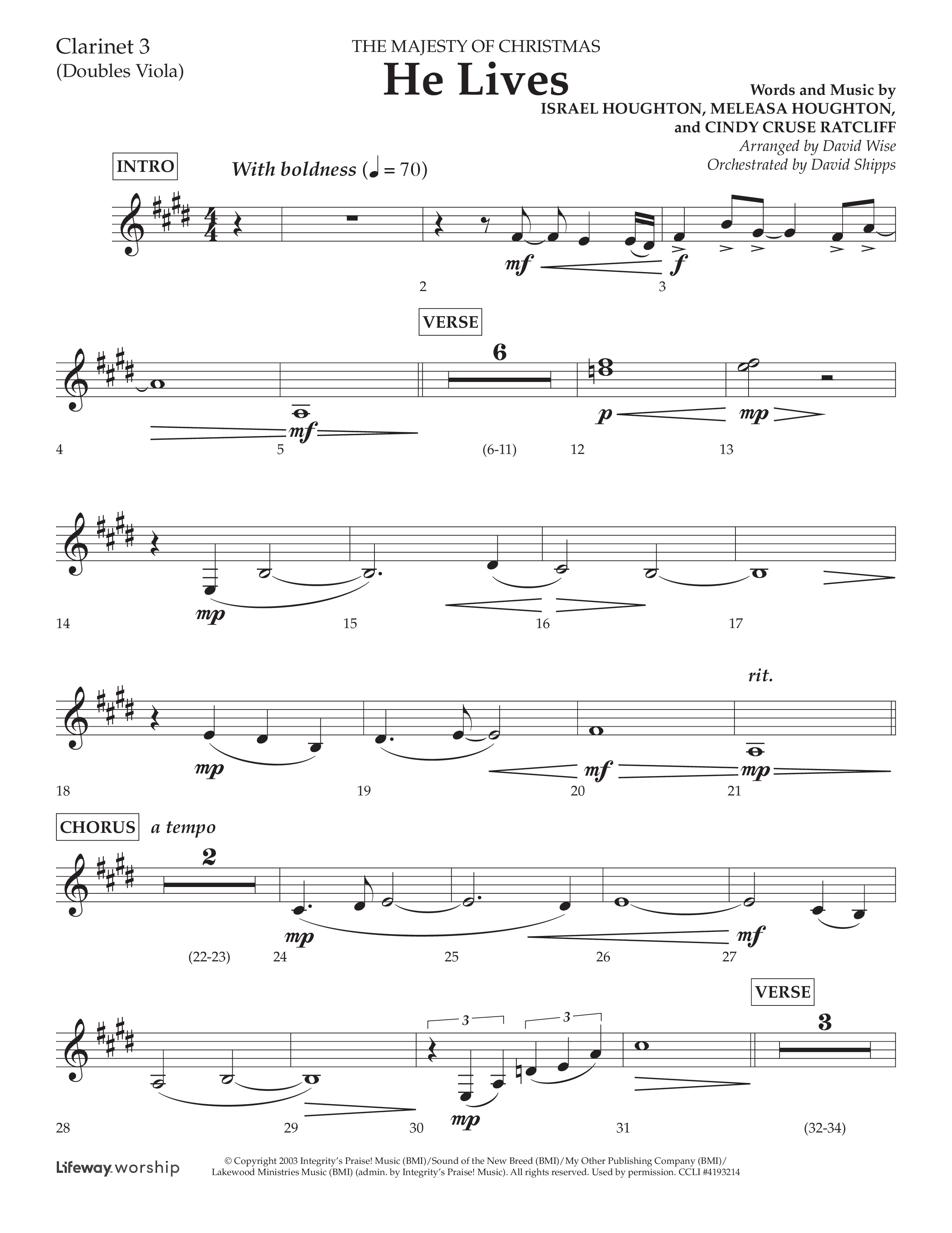 He Lives (Choral Anthem SATB) Clarinet 3 (Lifeway Choral / Arr. David Wise / Orch. David Shipps)