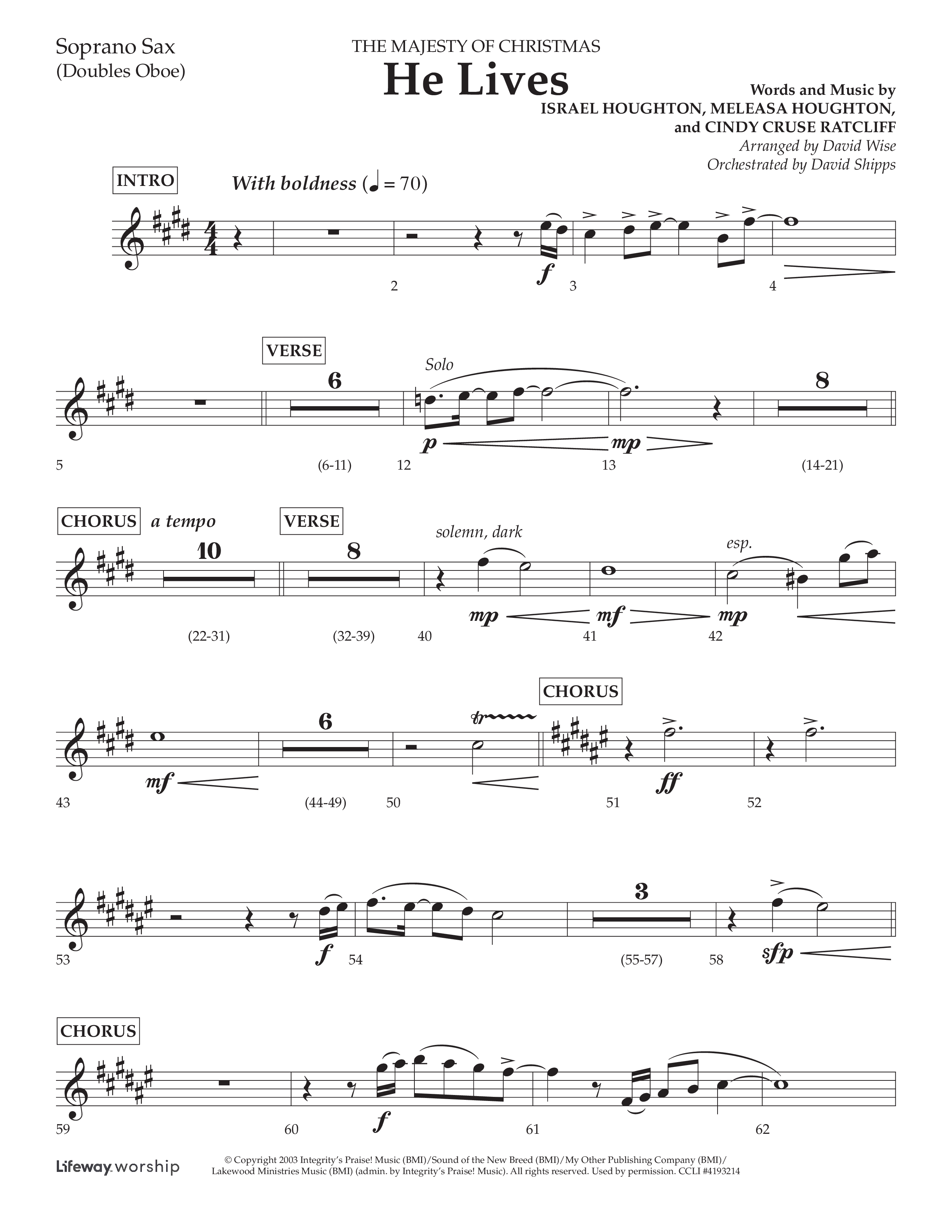 He Lives (Choral Anthem SATB) Soprano Sax (Lifeway Choral / Arr. David Wise / Orch. David Shipps)