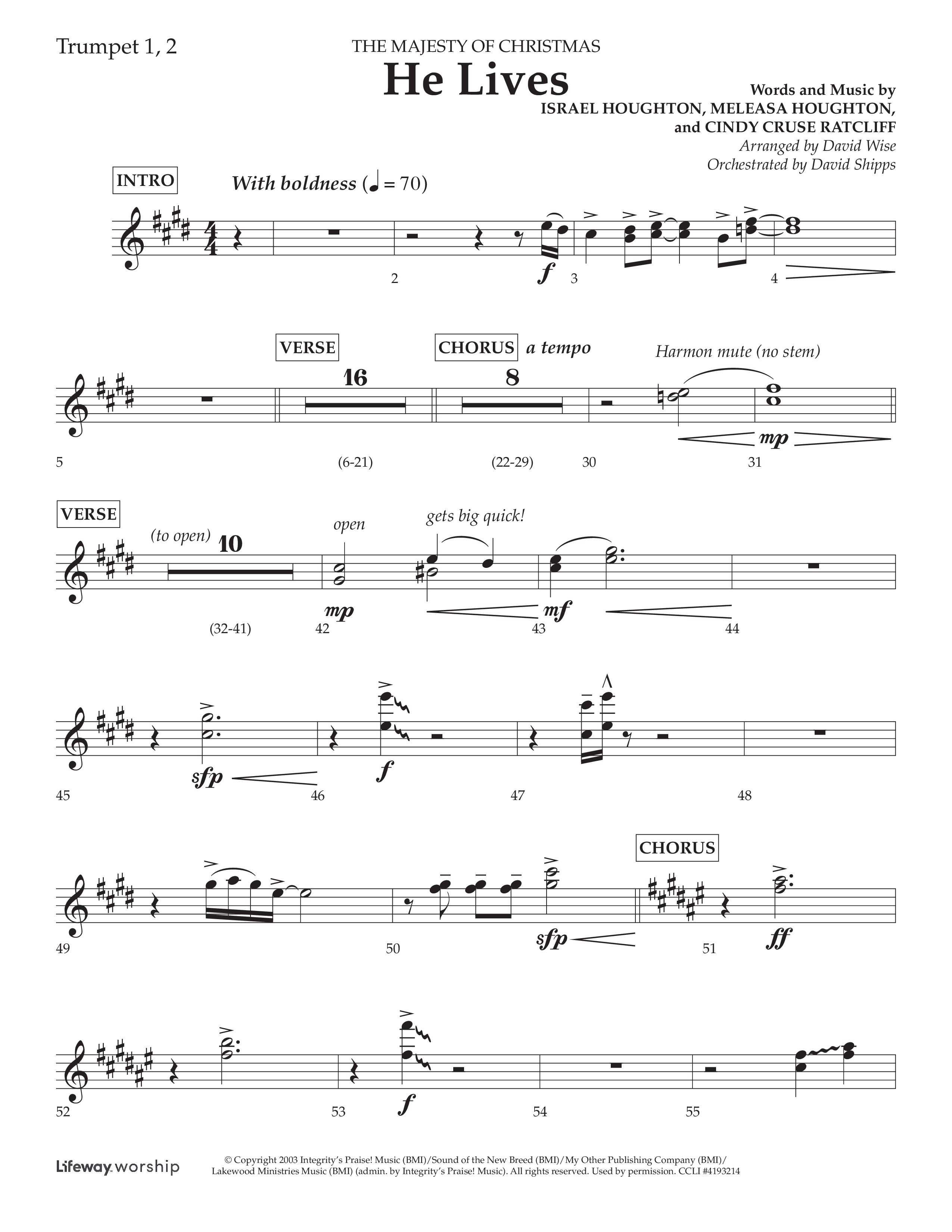 He Lives (Choral Anthem SATB) Trumpet 1,2 (Lifeway Choral / Arr. David Wise / Orch. David Shipps)