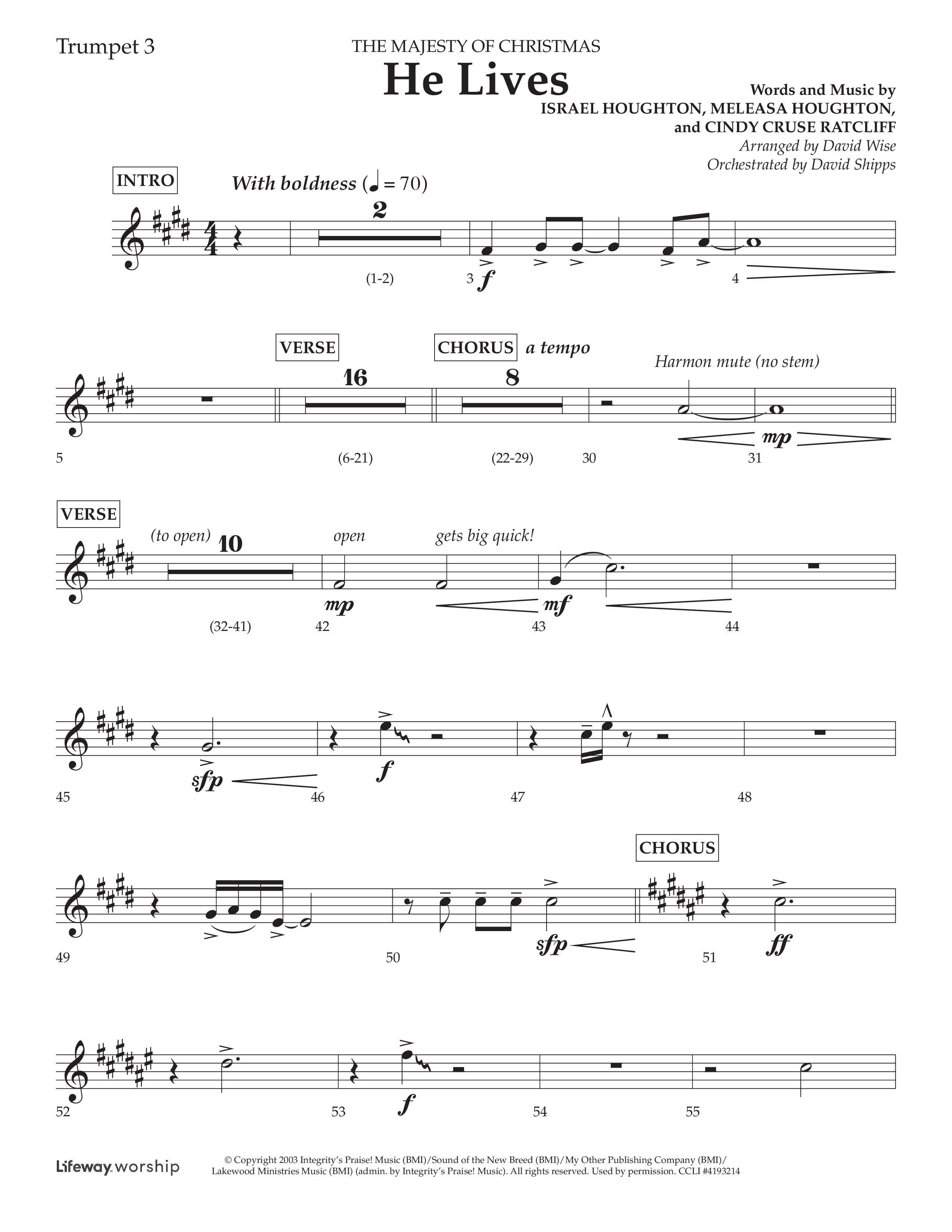 He Lives (Choral Anthem SATB) Trumpet 3 (Lifeway Choral / Arr. David Wise / Orch. David Shipps)