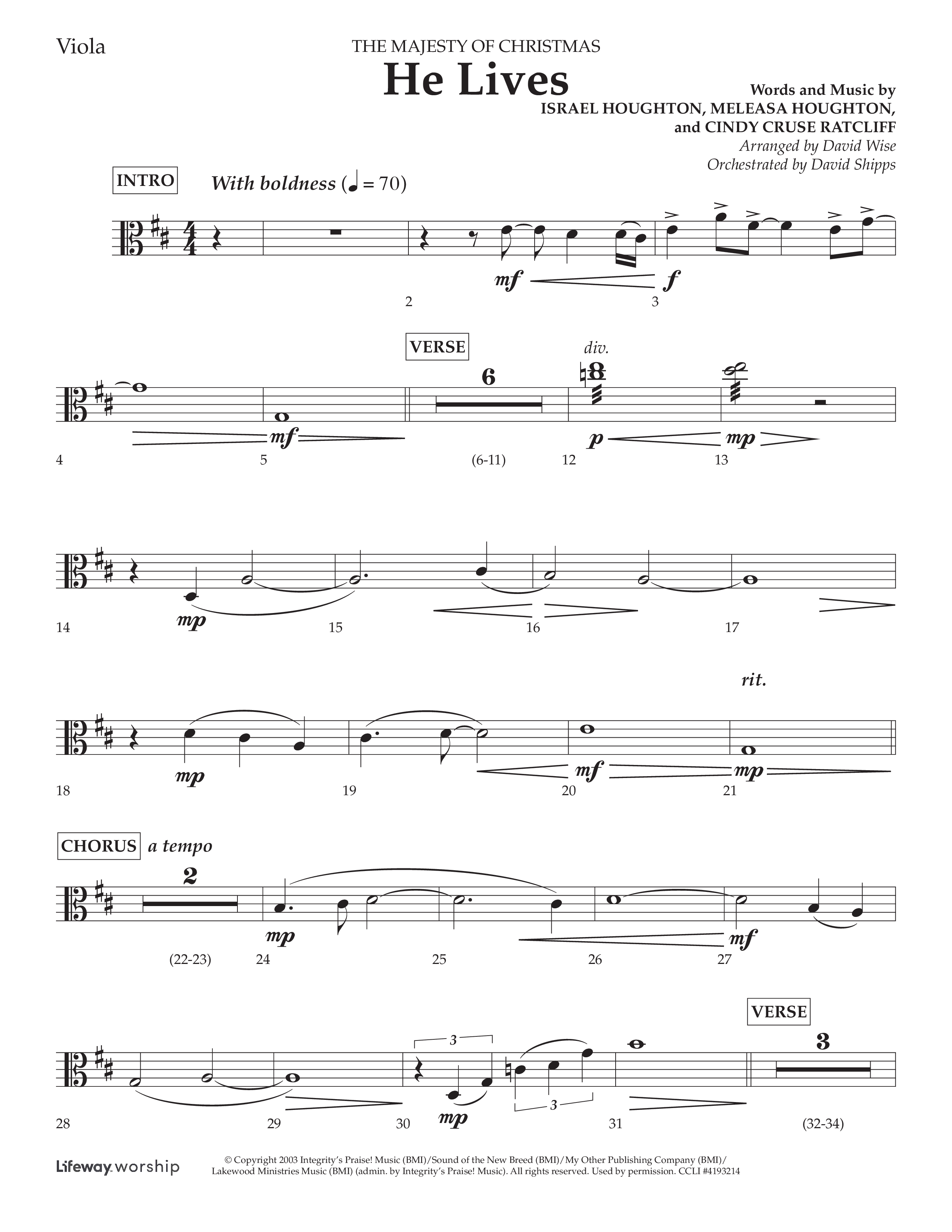 He Lives (Choral Anthem SATB) Viola (Lifeway Choral / Arr. David Wise / Orch. David Shipps)
