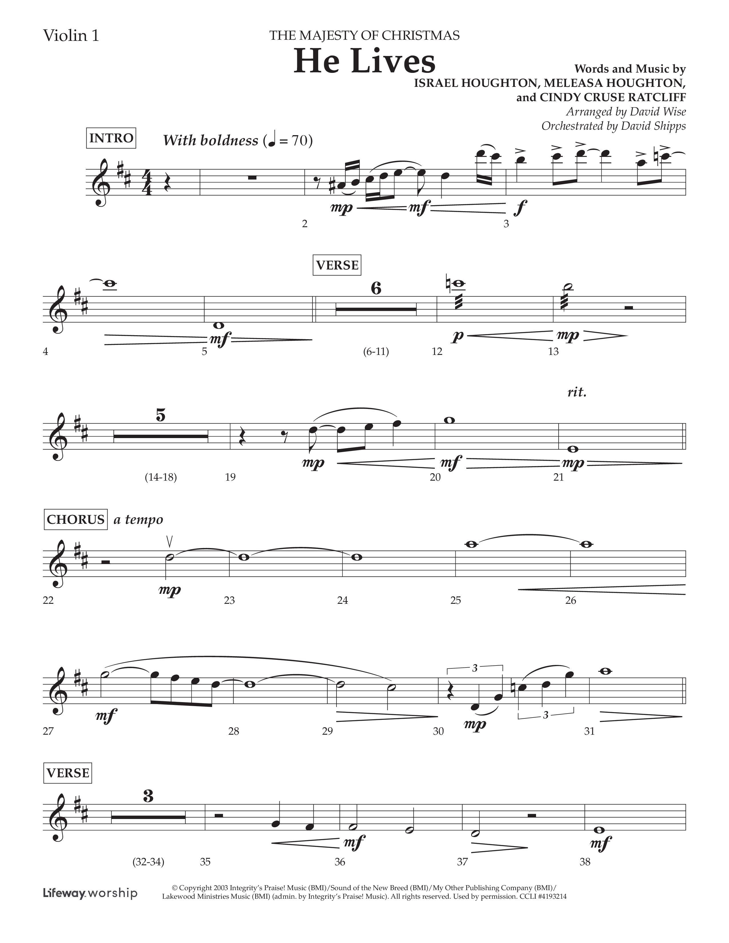 He Lives (Choral Anthem SATB) Violin 1 (Lifeway Choral / Arr. David Wise / Orch. David Shipps)