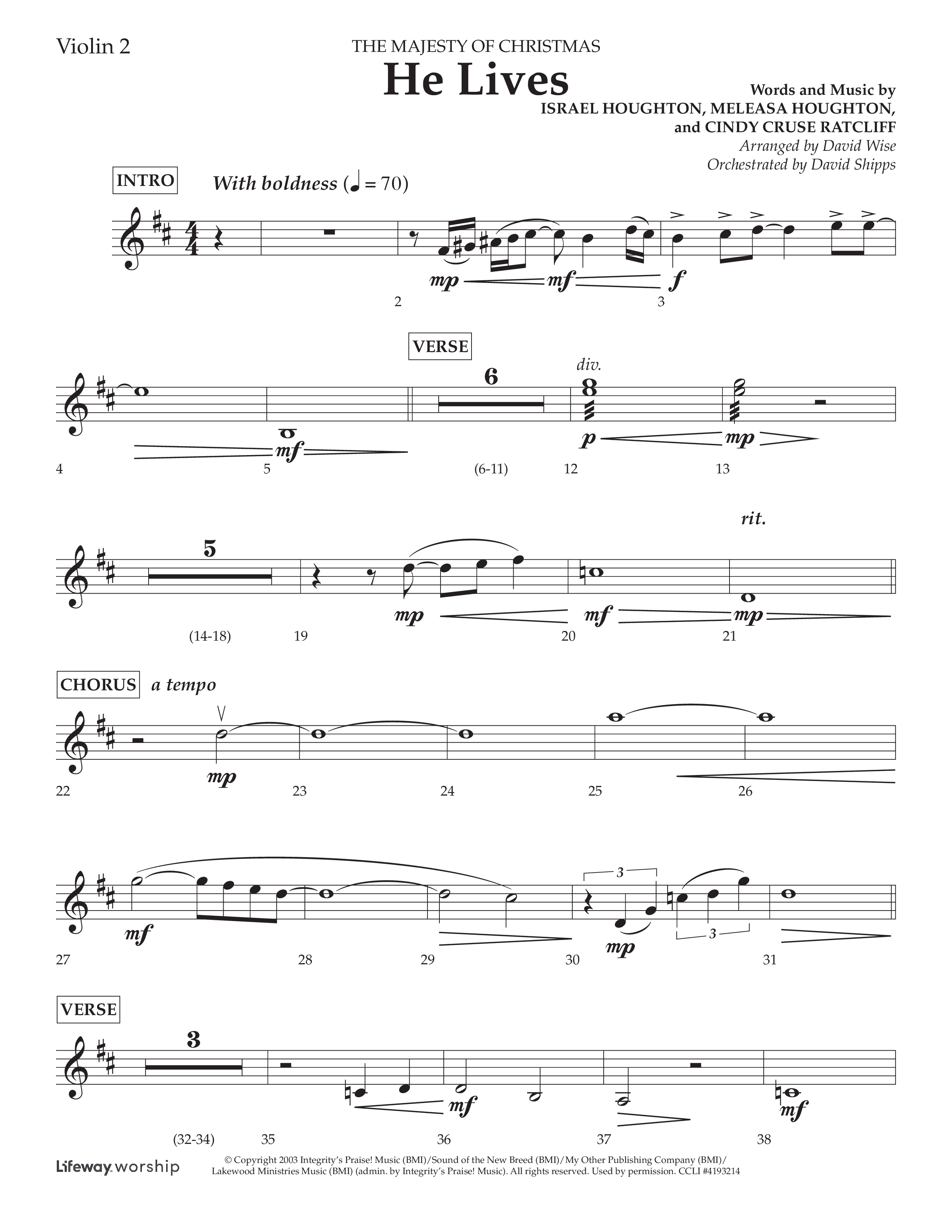 He Lives (Choral Anthem SATB) Violin 2 (Lifeway Choral / Arr. David Wise / Orch. David Shipps)