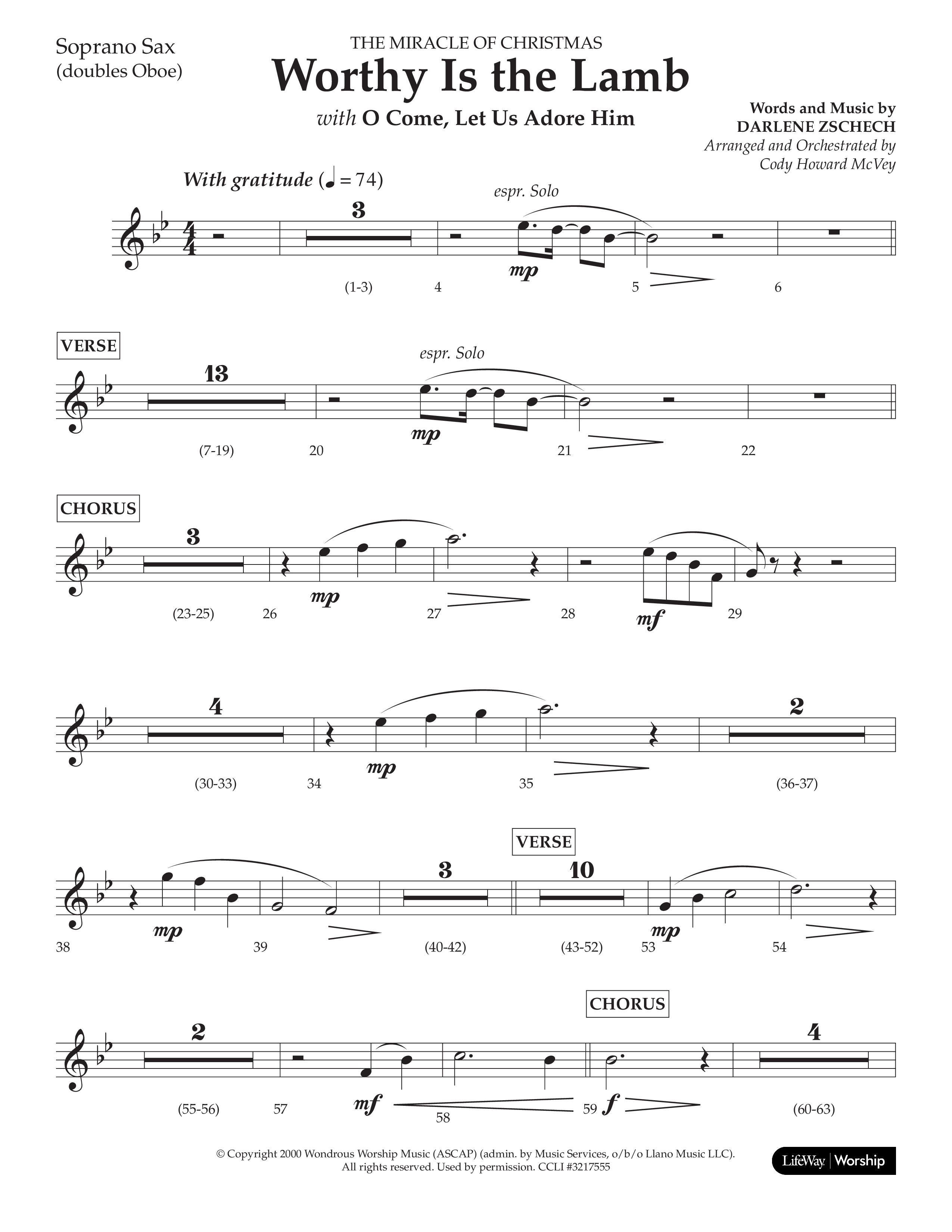 Worthy Is The Lamb (with O Come Let Us Adore Him) (Choral Anthem SATB) Soprano Sax (Lifeway Choral / Arr. Cody McVey)