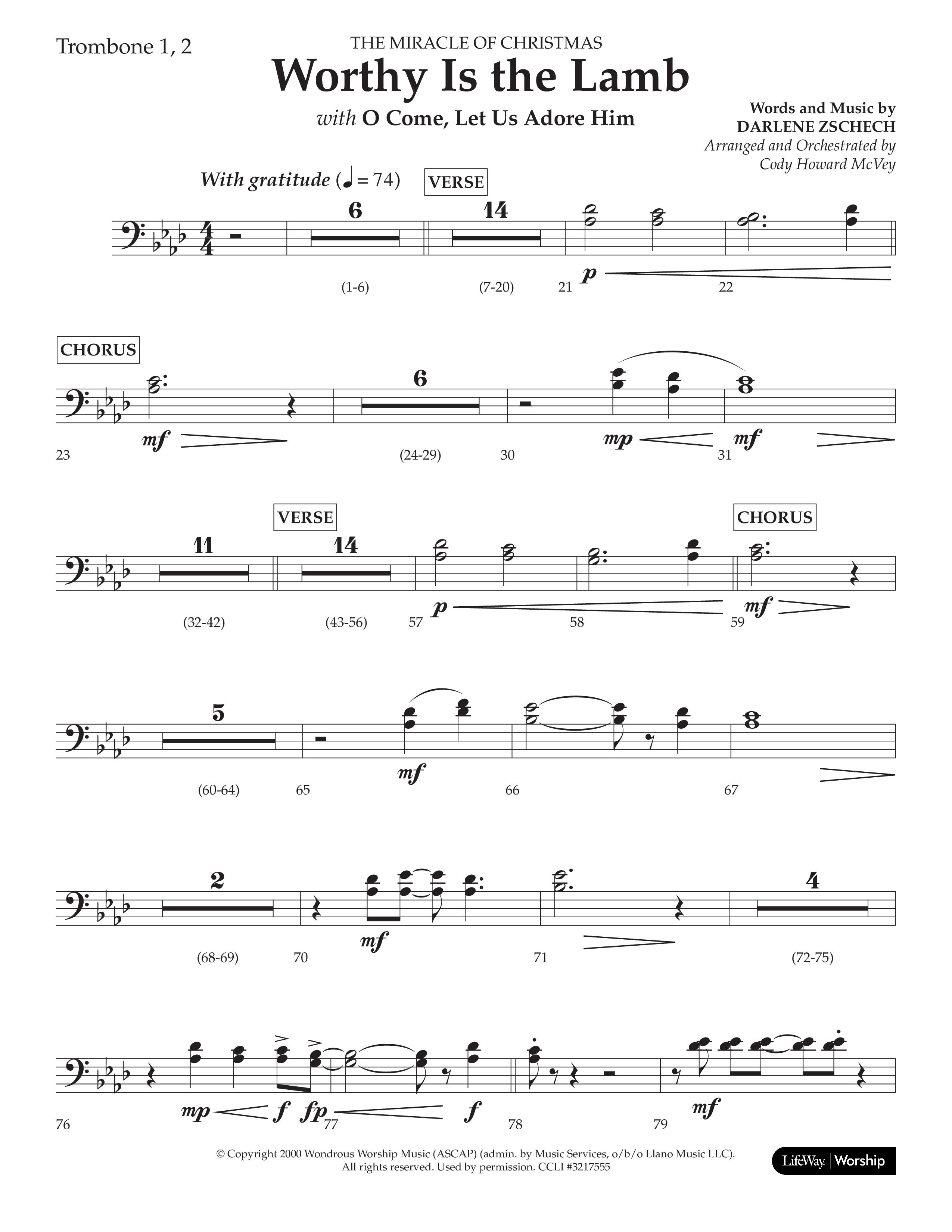 Worthy Is The Lamb (with O Come Let Us Adore Him) (Choral Anthem SATB) Trombone 1/2 (Lifeway Choral / Arr. Cody McVey)
