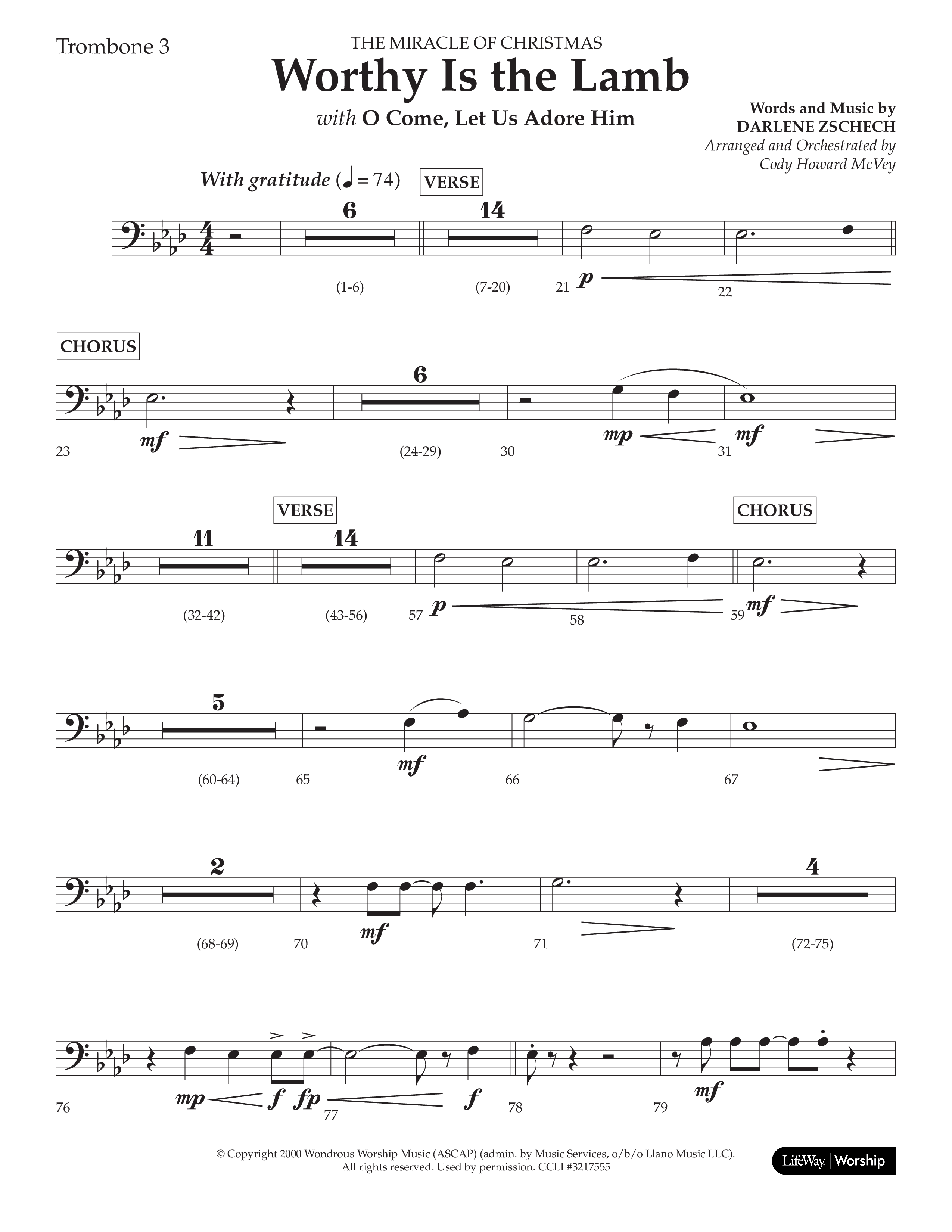 Worthy Is The Lamb (with O Come Let Us Adore Him) (Choral Anthem SATB) Trombone 3 (Lifeway Choral / Arr. Cody McVey)