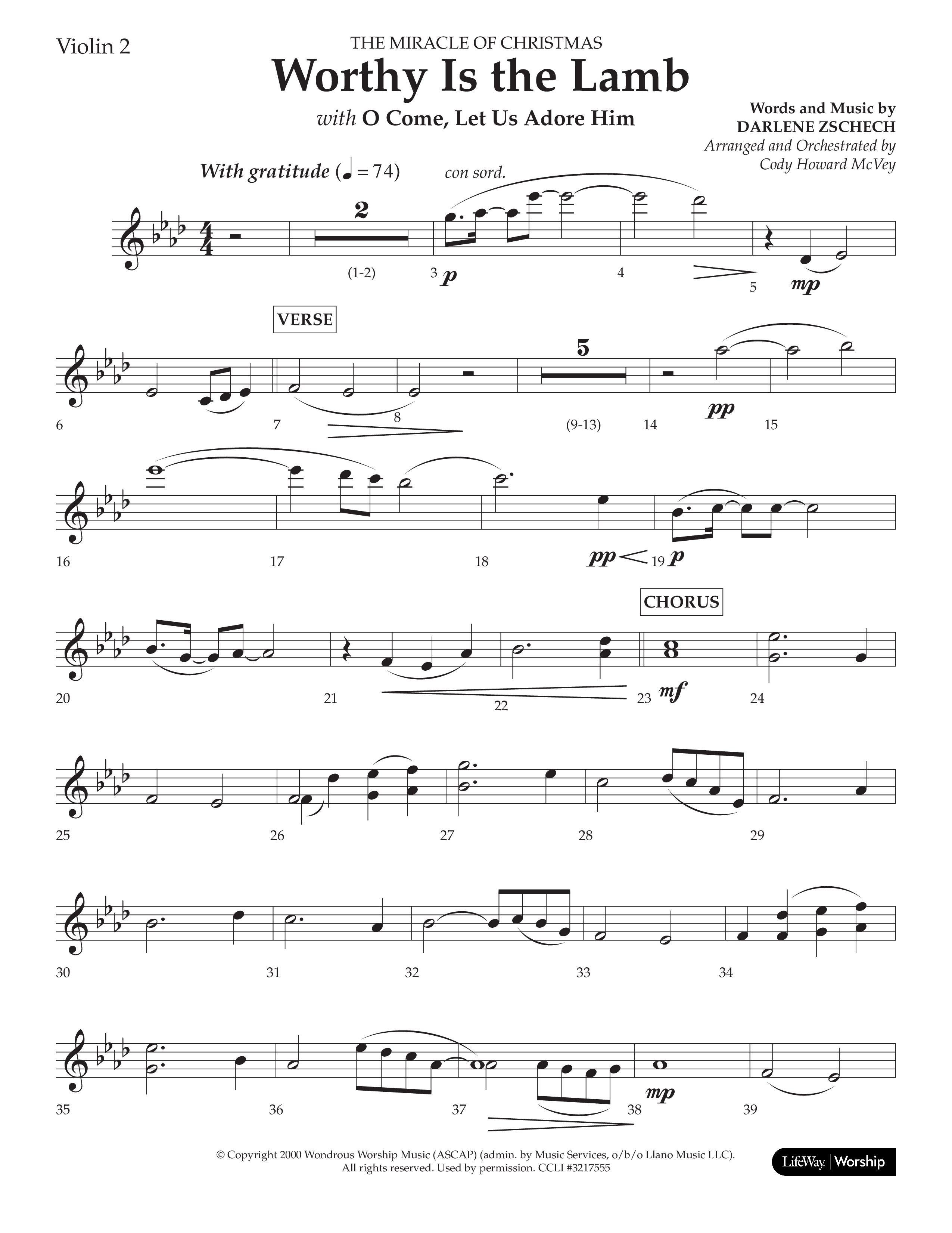 Worthy Is The Lamb (with O Come Let Us Adore Him) (Choral Anthem SATB) Violin 2 (Lifeway Choral / Arr. Cody McVey)
