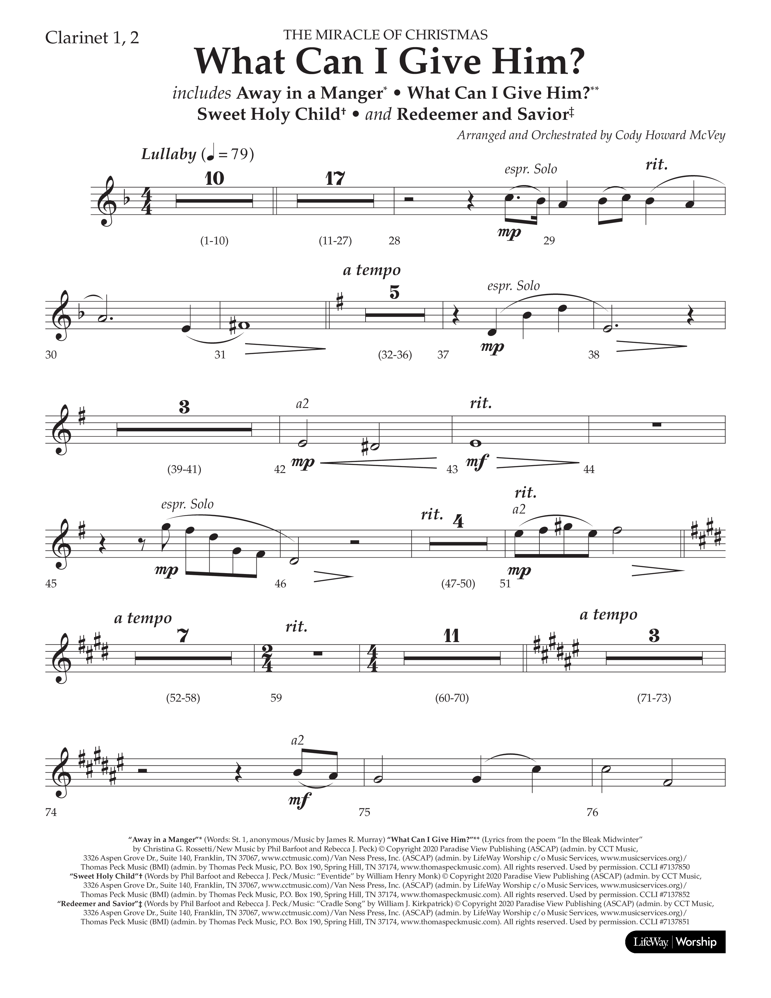 What Can I Give Him (with Away In A Manger, Sweet Holy Child, Redeemer and Savior) (Choral Anthem SATB) Clarinet 1/2 (Lifeway Choral / Arr. Cody McVey)