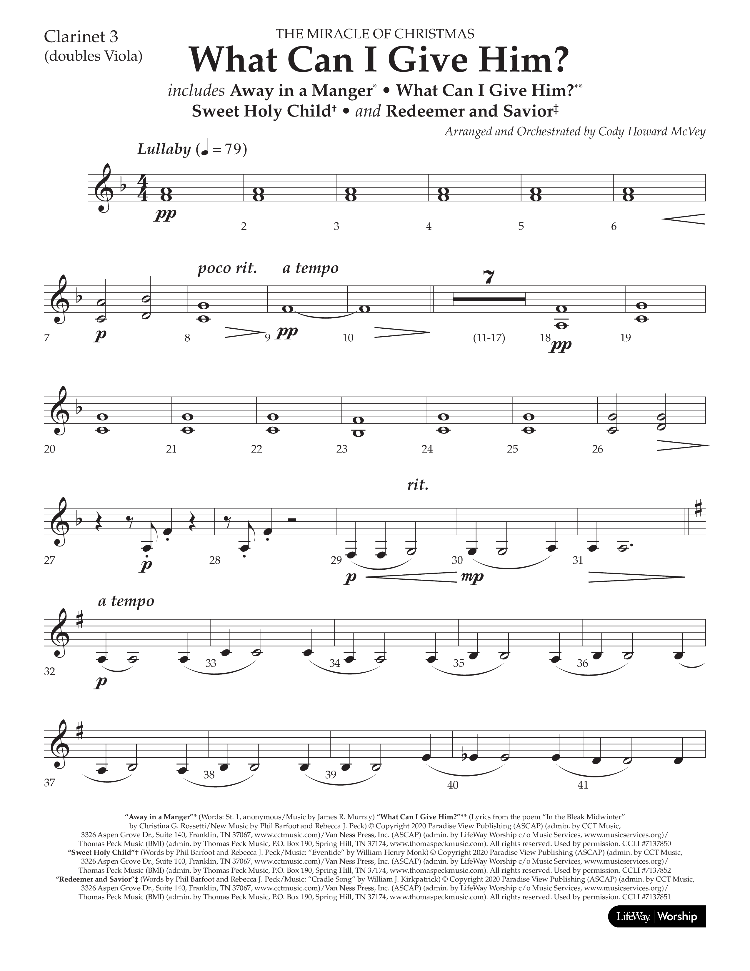 What Can I Give Him (with Away In A Manger, Sweet Holy Child, Redeemer and Savior) (Choral Anthem SATB) Clarinet 3 (Lifeway Choral / Arr. Cody McVey)