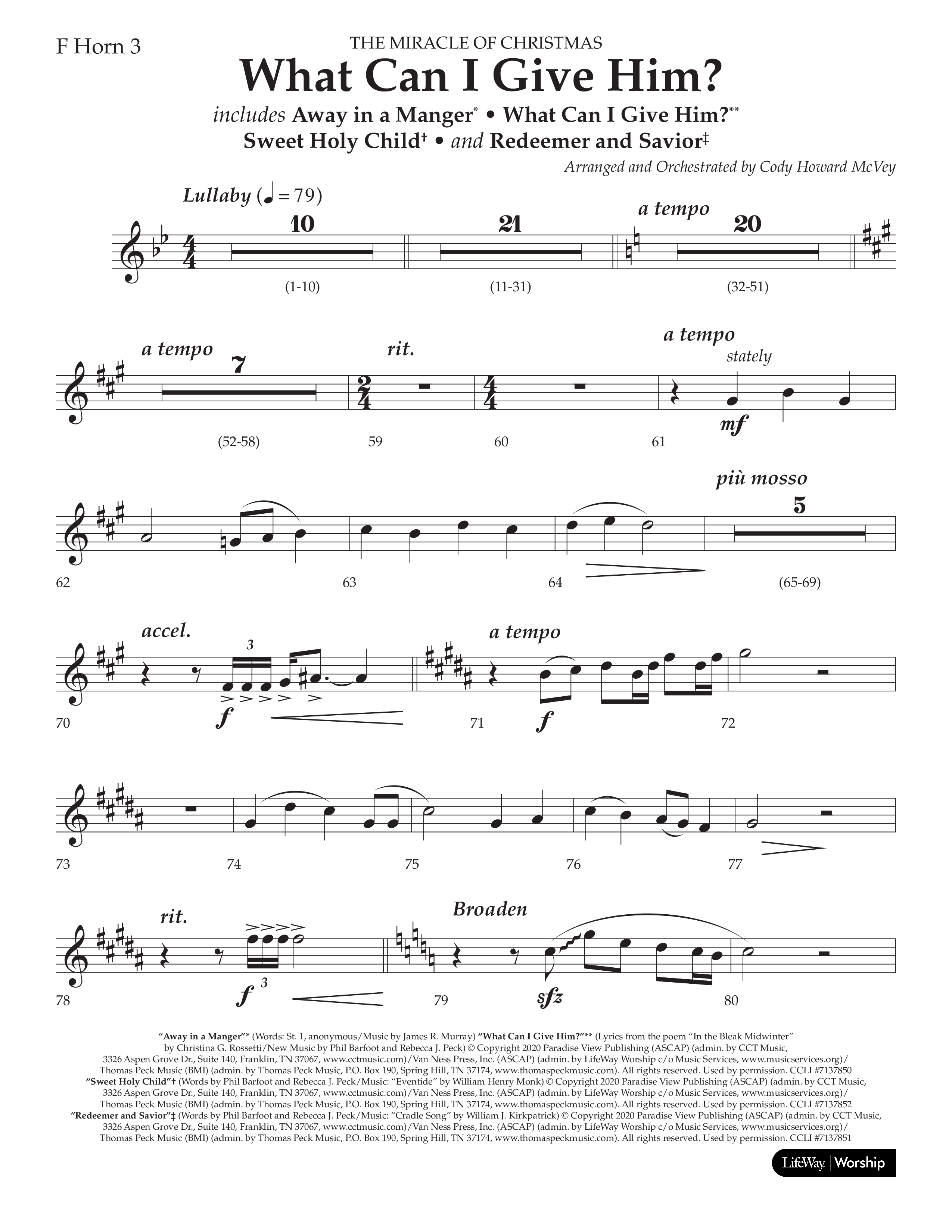 What Can I Give Him (with Away In A Manger, Sweet Holy Child, Redeemer and Savior) (Choral Anthem SATB) French Horn 3 (Lifeway Choral / Arr. Cody McVey)
